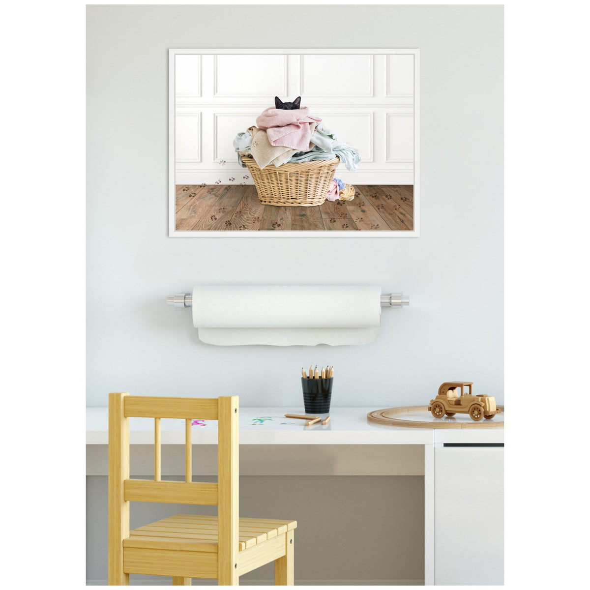 Cat in a Laundry Basket Framed Canvas – 18 × 24