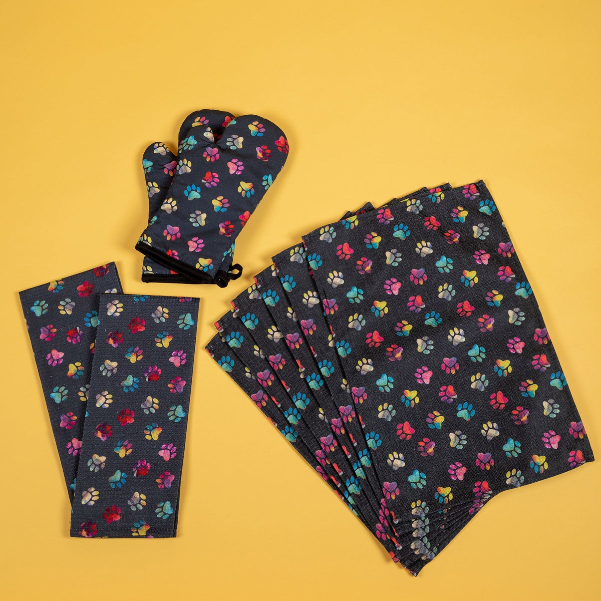 Rainbow Paw-Print Kitchen Linens
