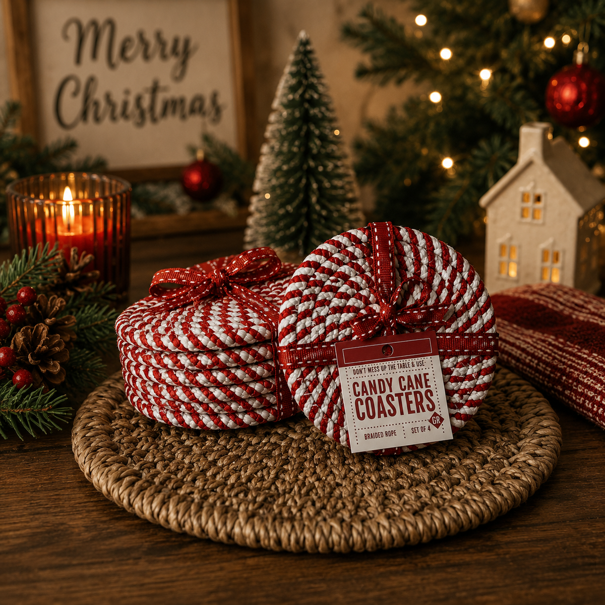 Candy Cane Braided Coasters — Set of 4