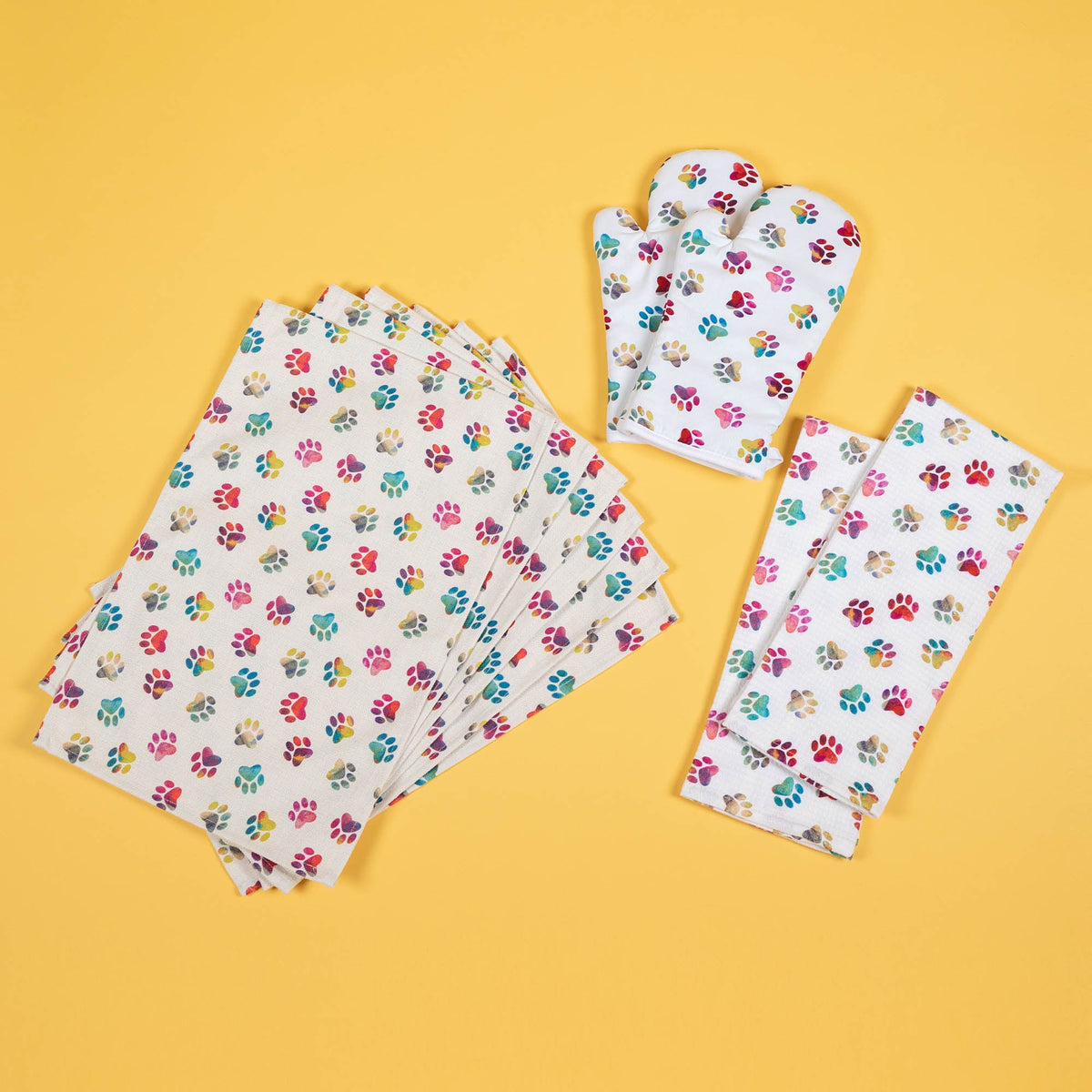 Rainbow Paw-Print Kitchen Linens
