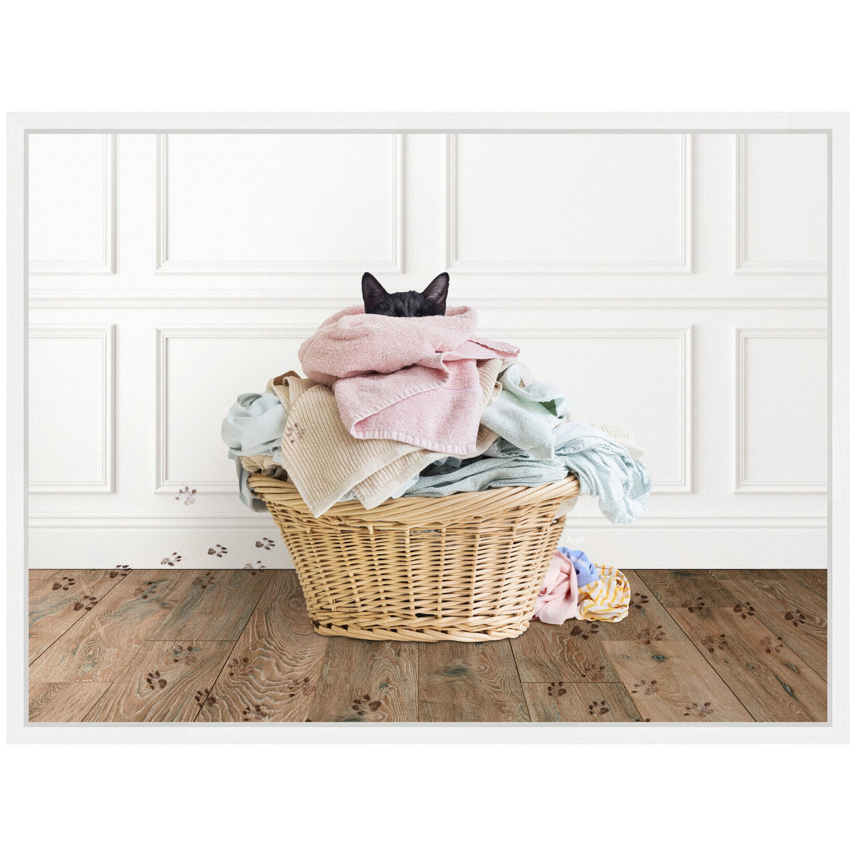 Cat in a Laundry Basket Framed Canvas – 18 × 24