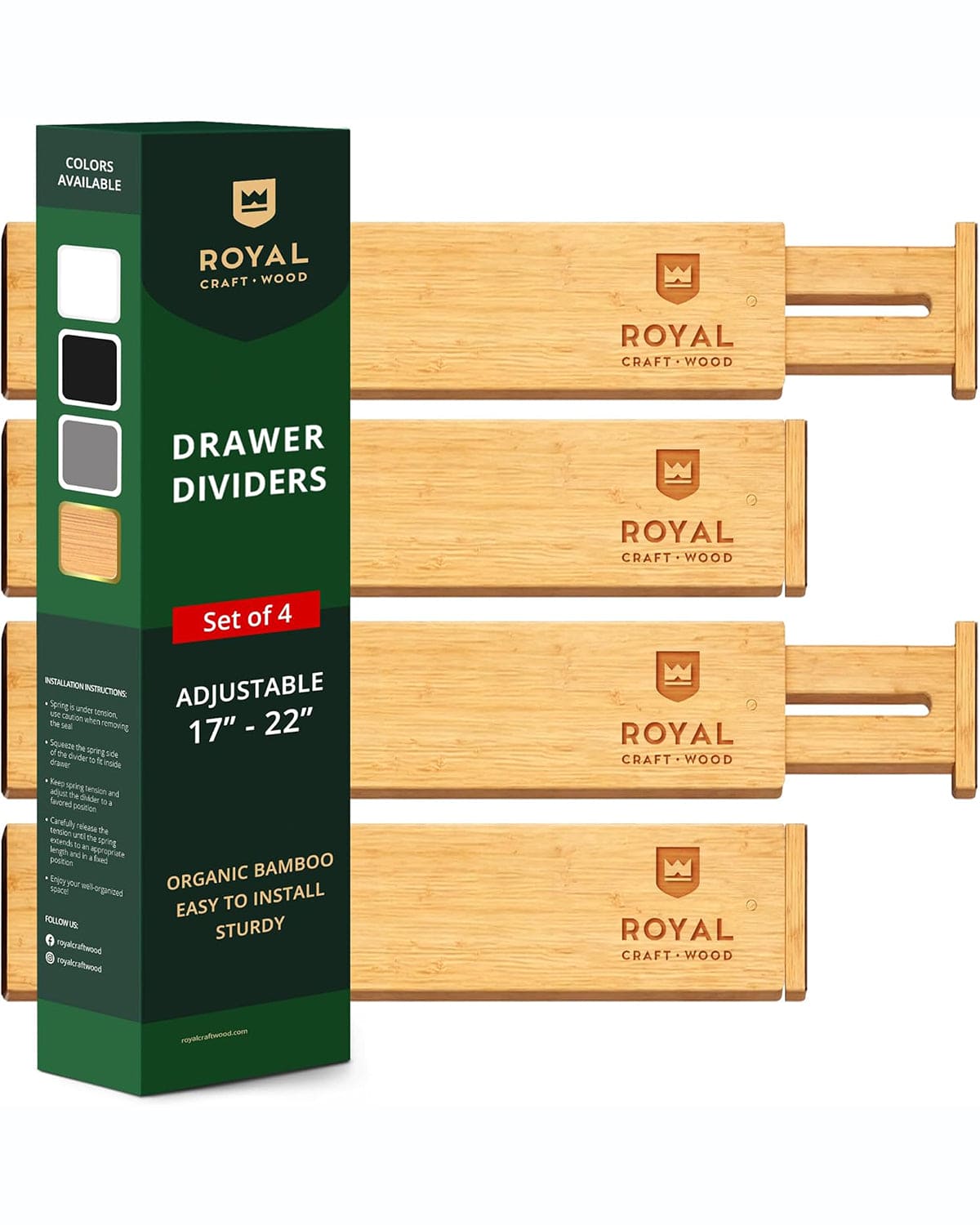 Adjustable Bamboo Drawer Dividers, Set of 4 – Natural