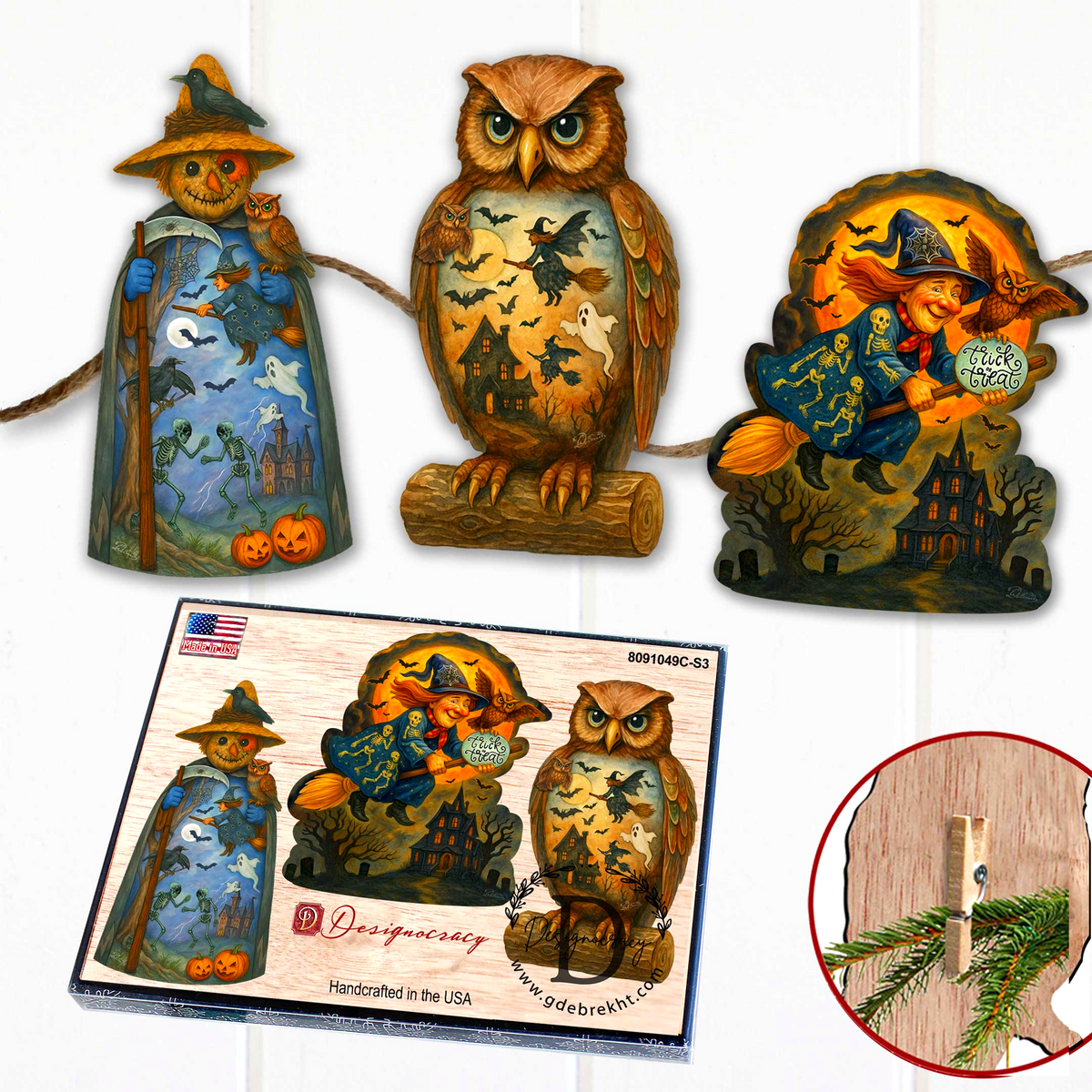 Halloween Eco-Wood Clip-On Ornaments – Set of 3