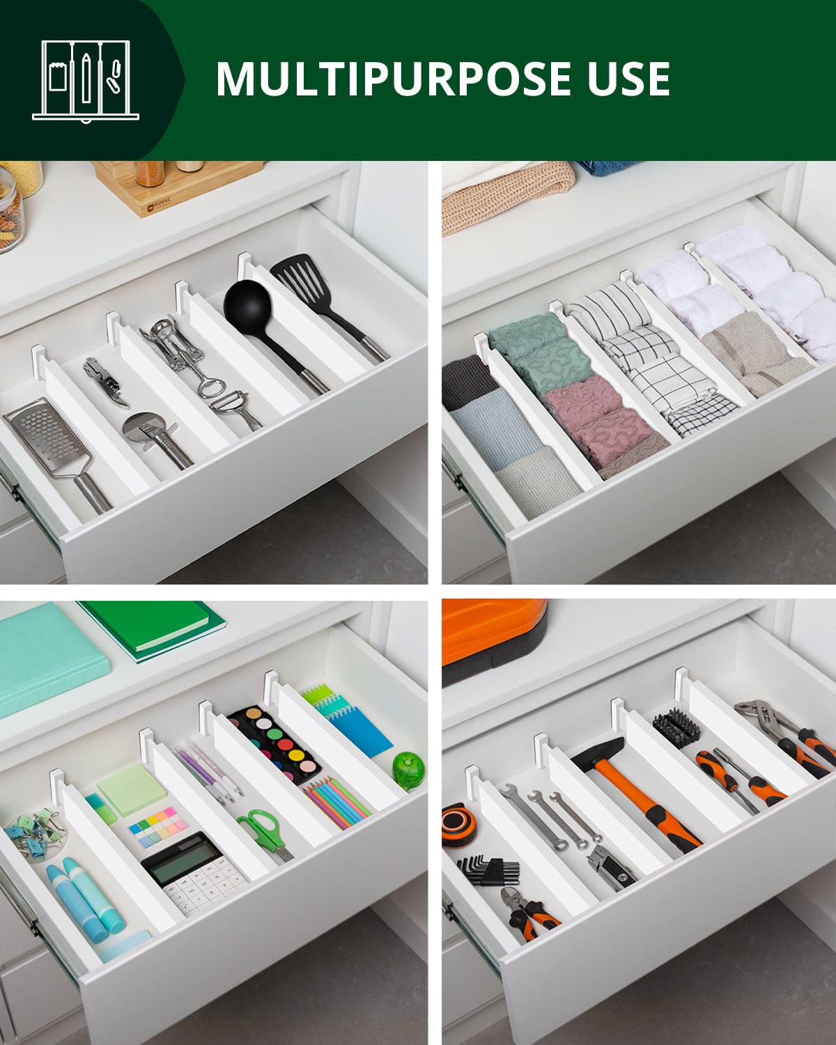 Adjustable Bamboo Drawer Dividers – White, 4-Pack