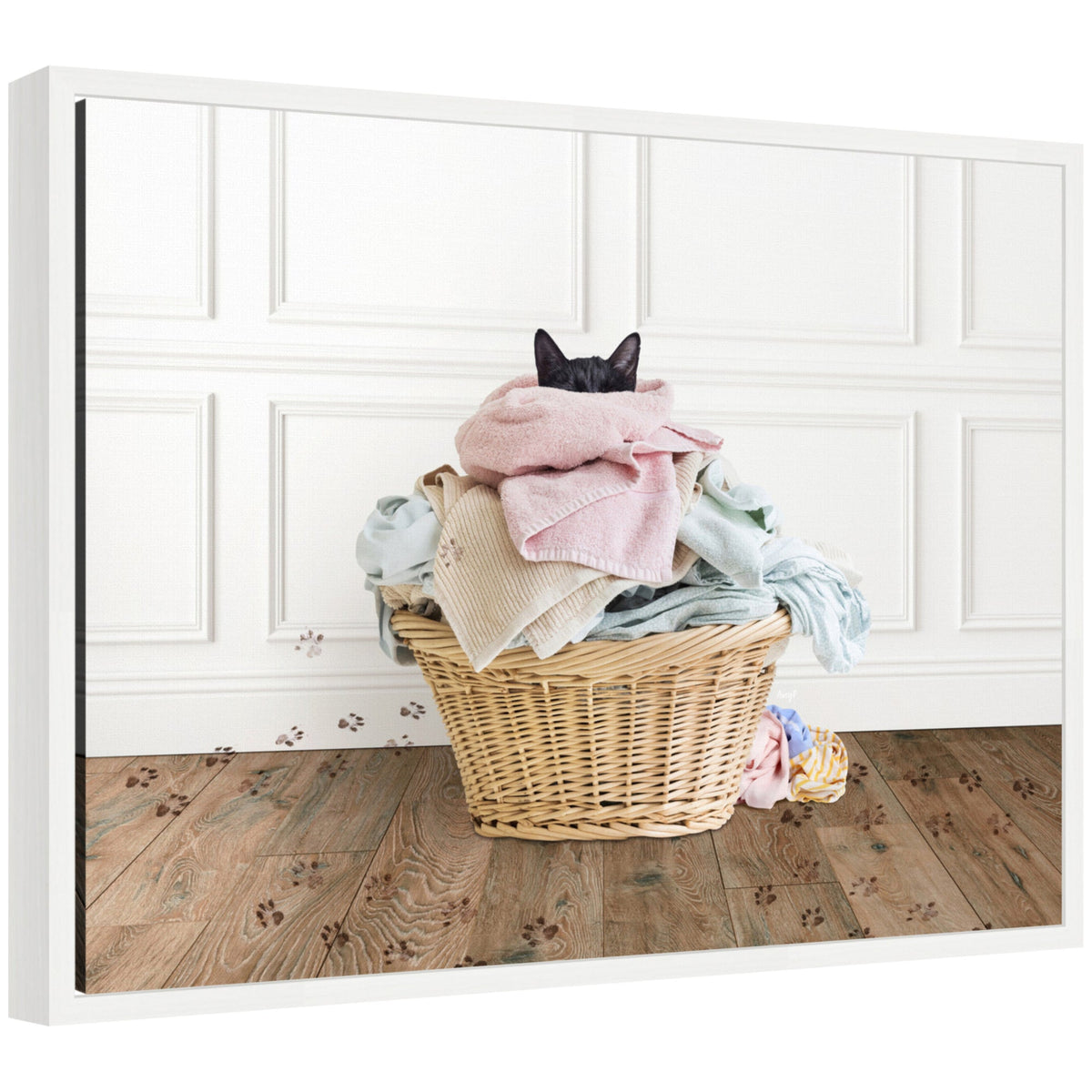 Cat in a Laundry Basket Framed Canvas – 18 × 24