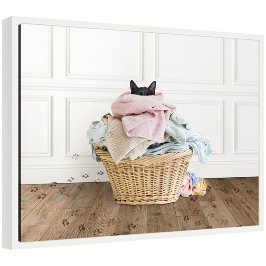 Cat in a Laundry Basket Framed Canvas – 18 × 24