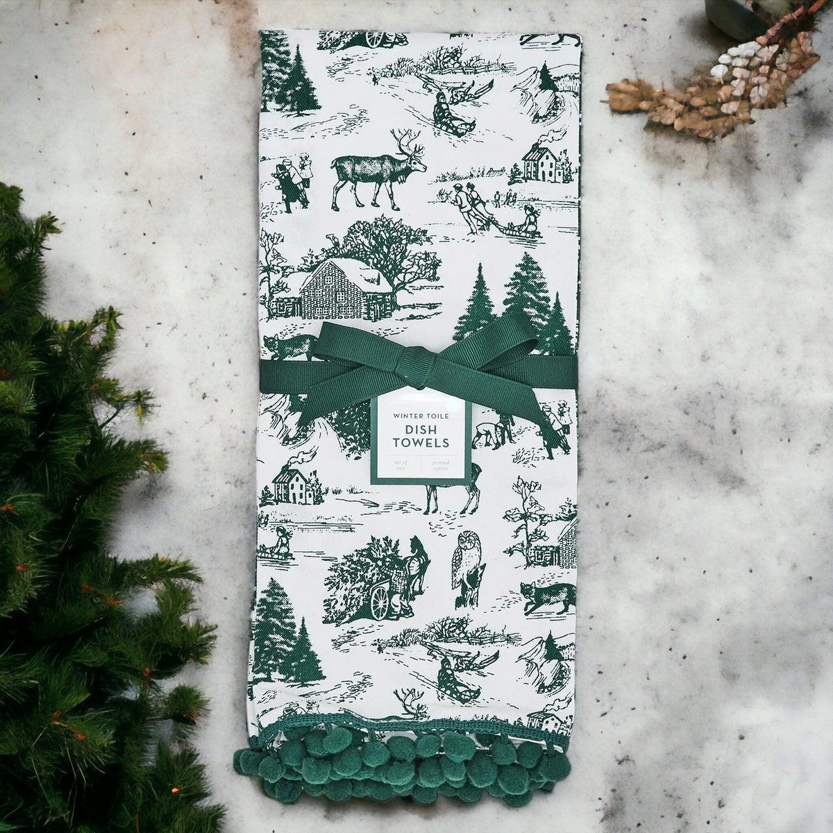 Forest Green Christmas Cotton Dish Towels — Set of 2