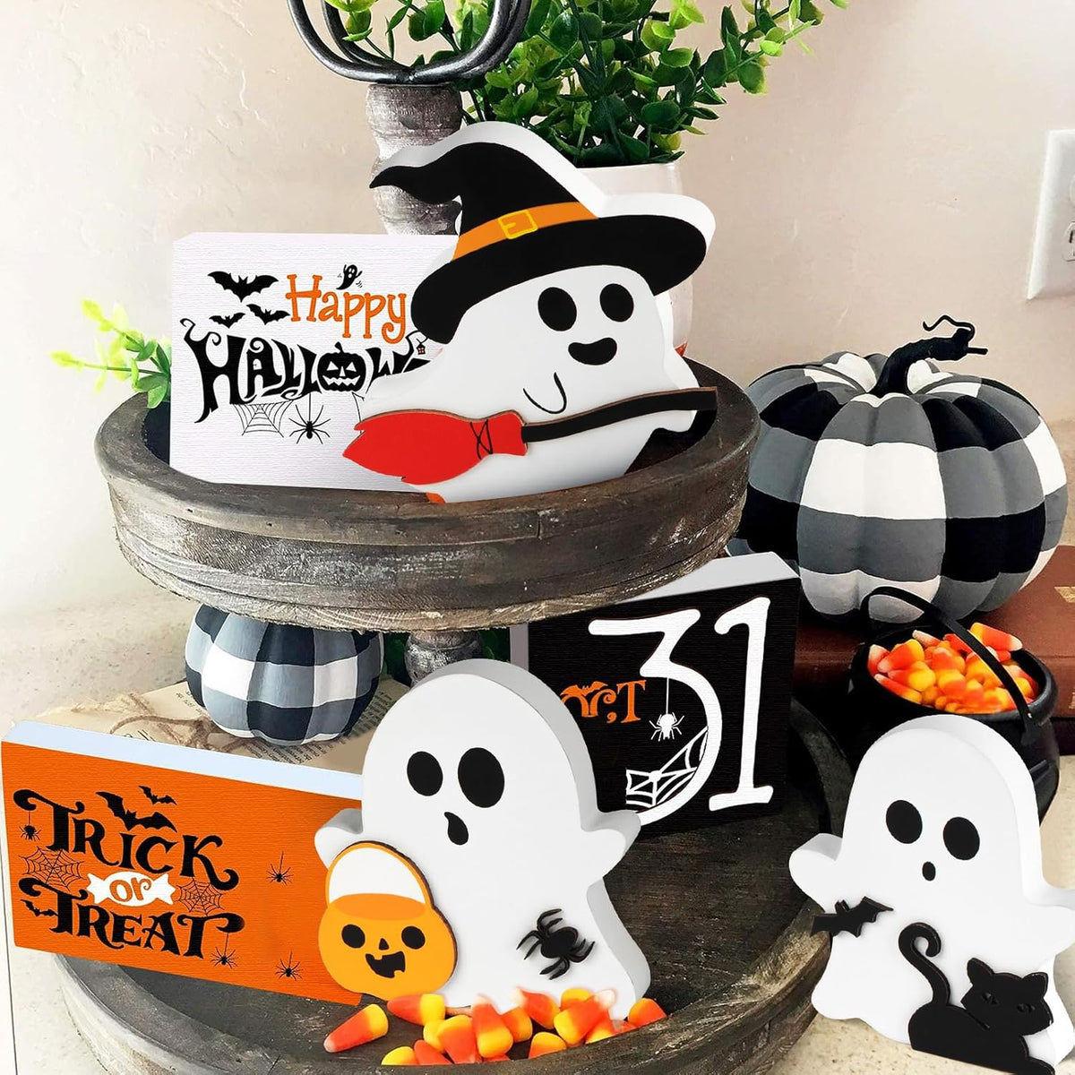 Wooden Ghost Tiered Tray Décor – 3-Piece Set