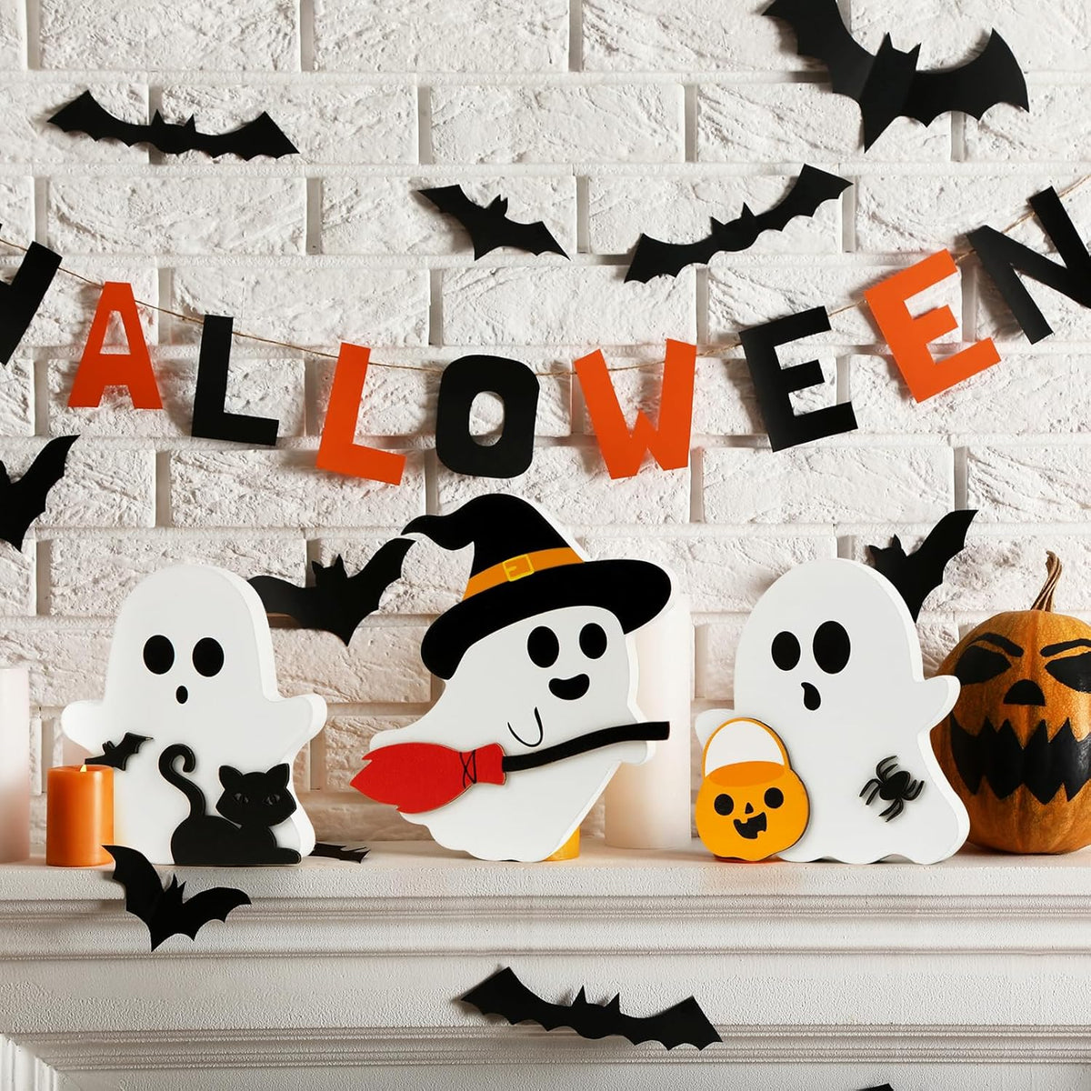 Wooden Ghost Tiered Tray Décor – 3-Piece Set
