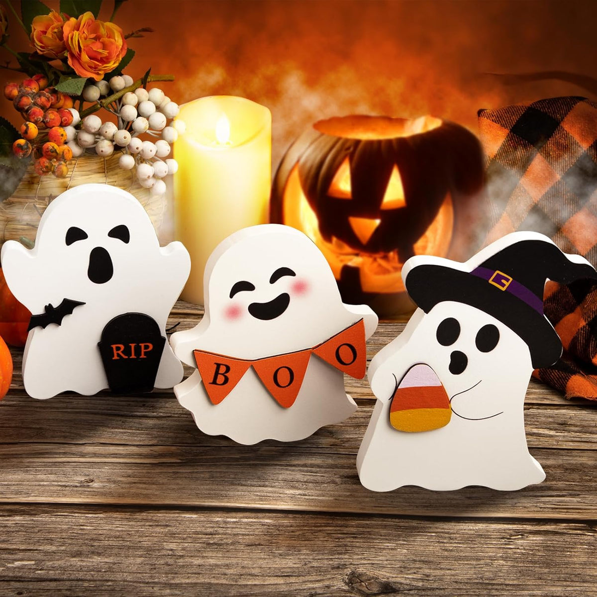 Wooden Ghost Tiered Tray Décor – 3-Piece Set