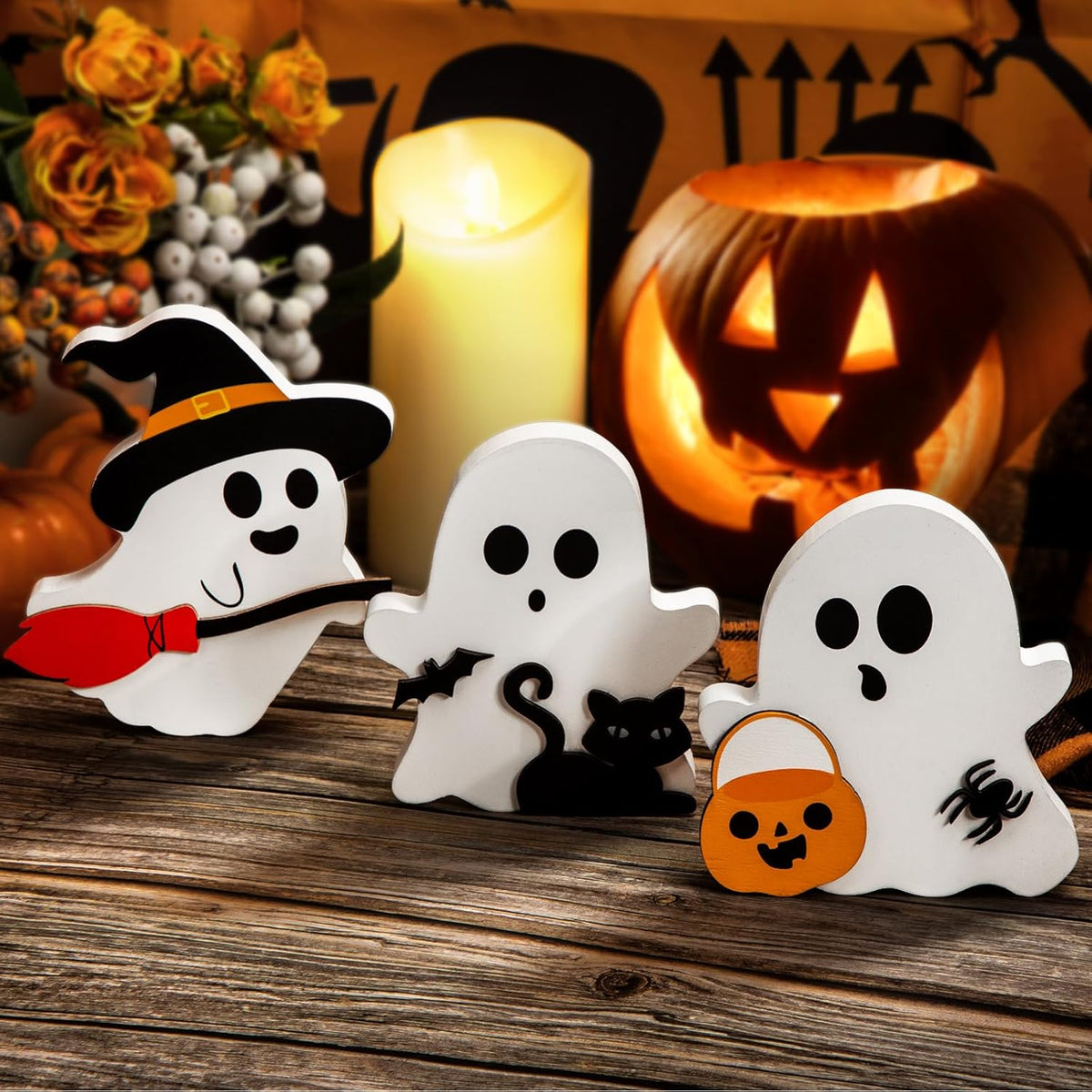 Wooden Ghost Tiered Tray Décor – 3-Piece Set