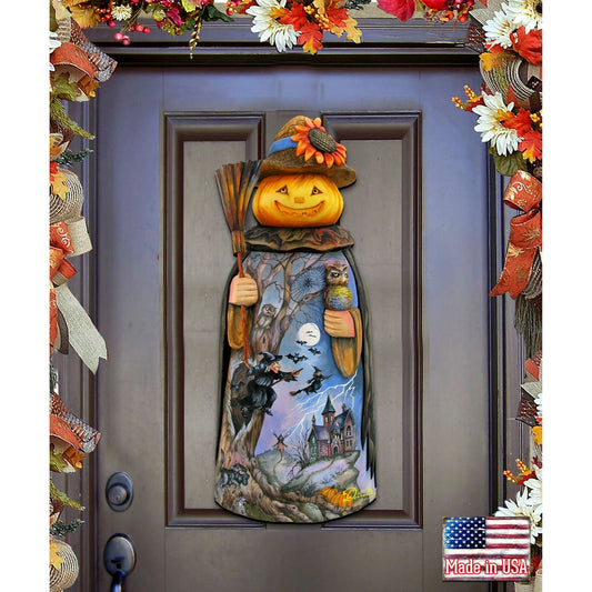 Scarecrow Pumpkin Head Wooden Door Hanger