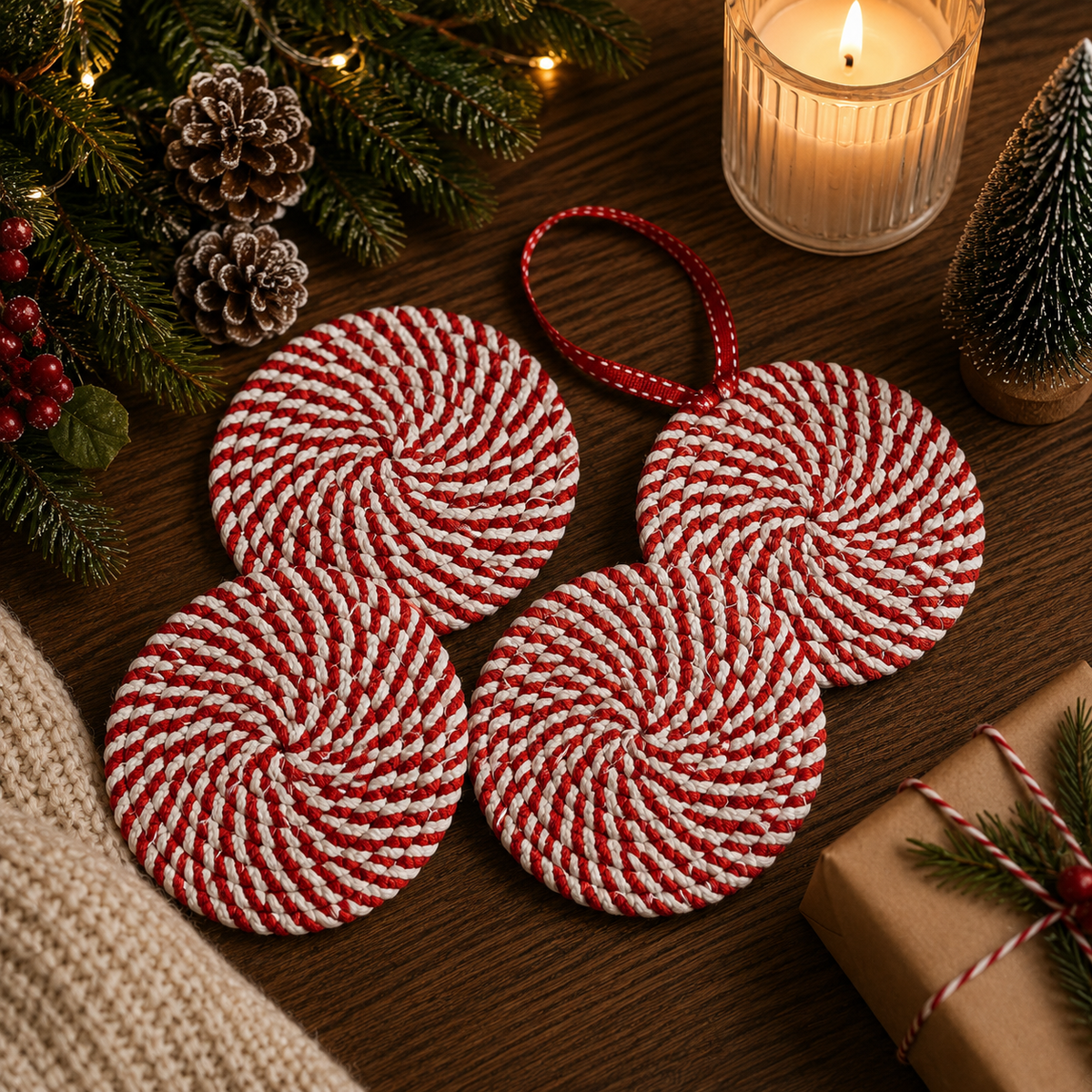 Candy Cane Braided Coasters — Set of 4