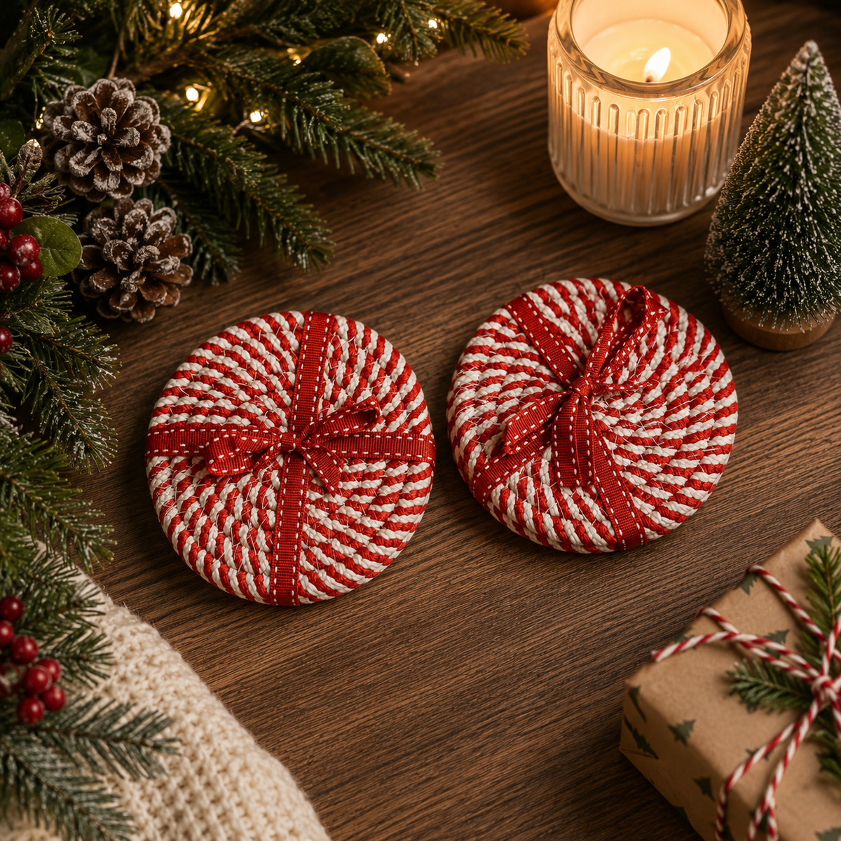 Candy Cane Braided Coasters — Set of 4