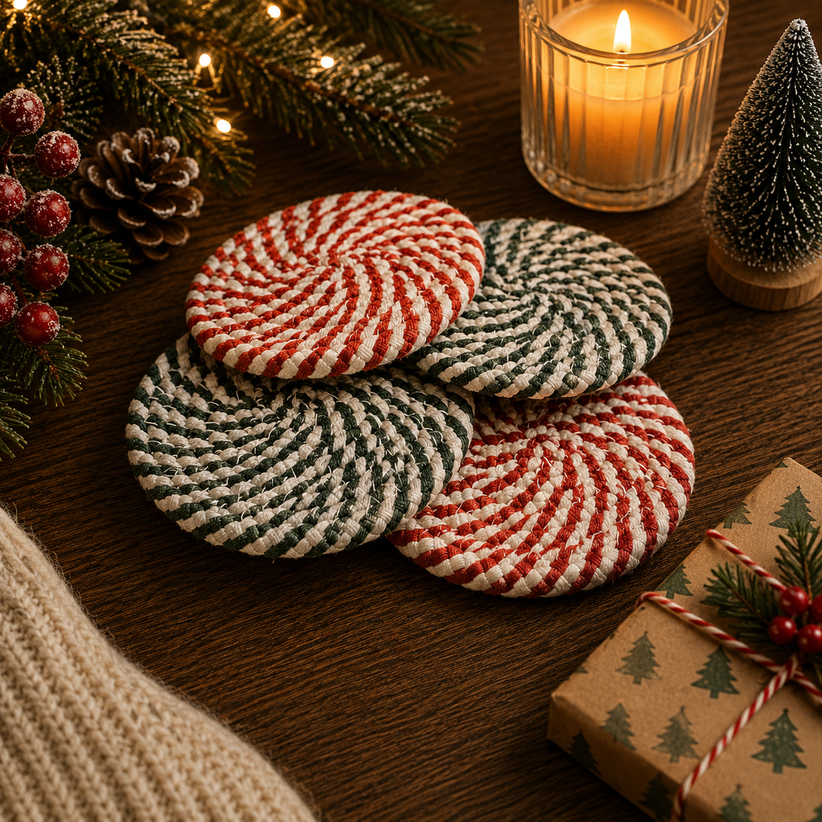 Candy Cane Braided Coasters — Set of 4