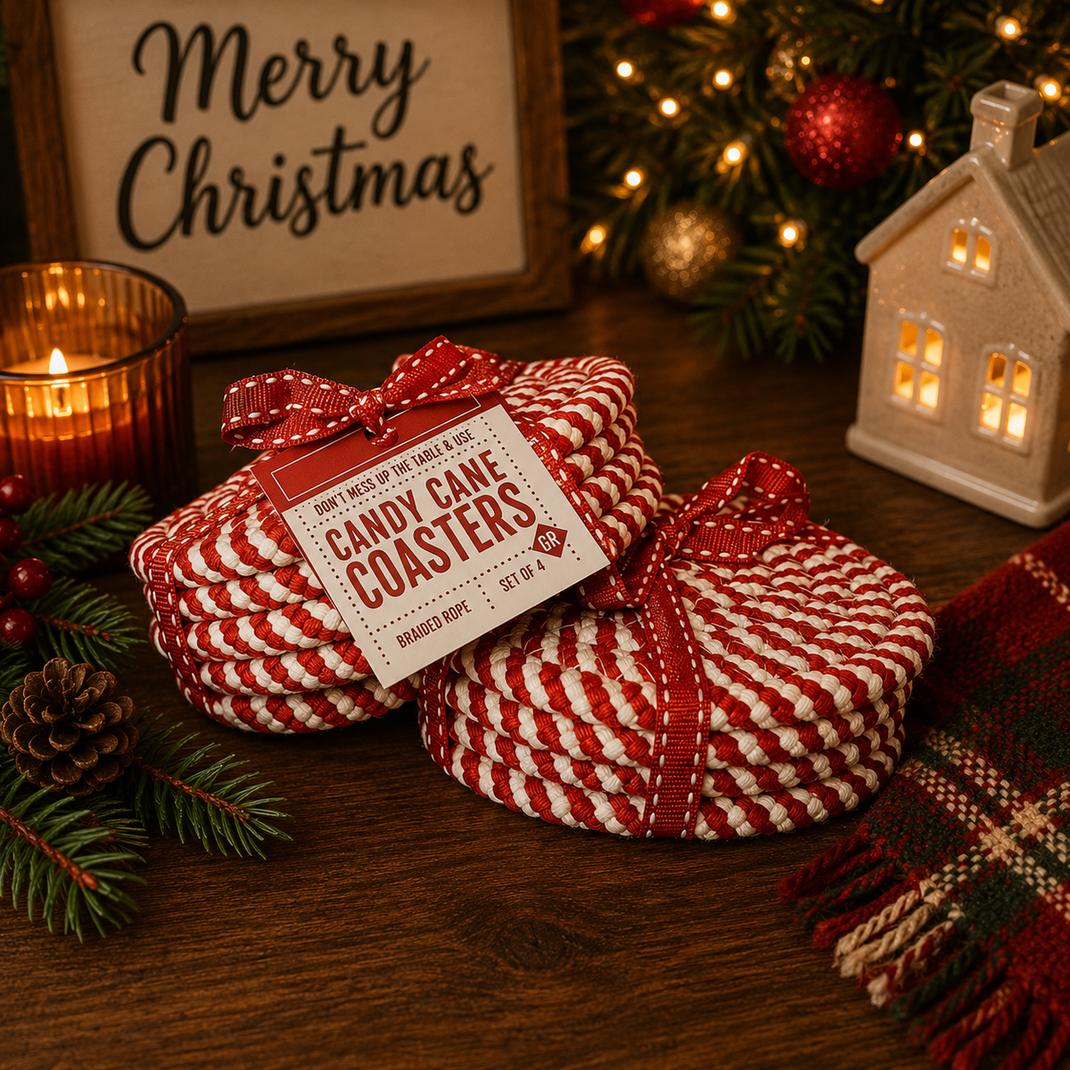 Candy Cane Braided Coasters — Set of 4