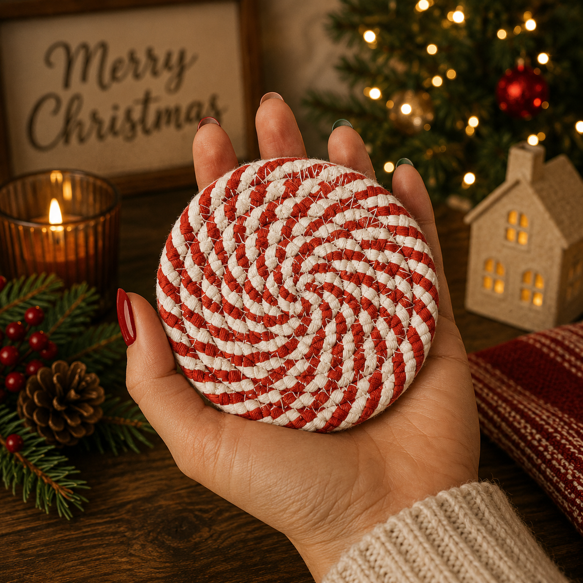 Candy Cane Braided Coasters — Set of 4