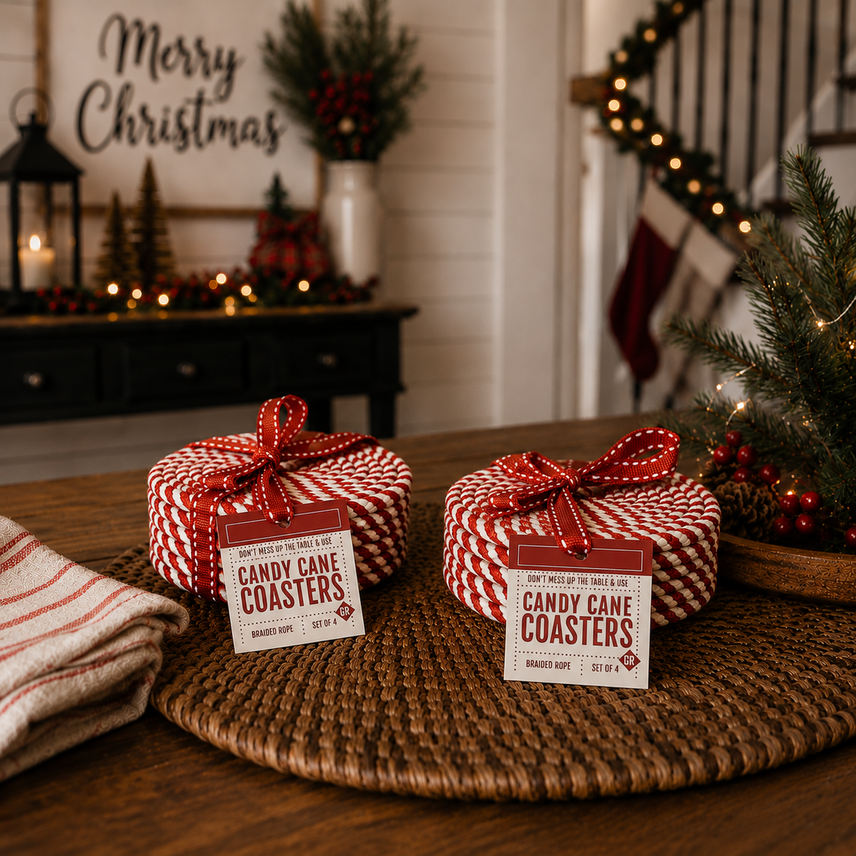 Candy Cane Braided Coasters — Set of 4