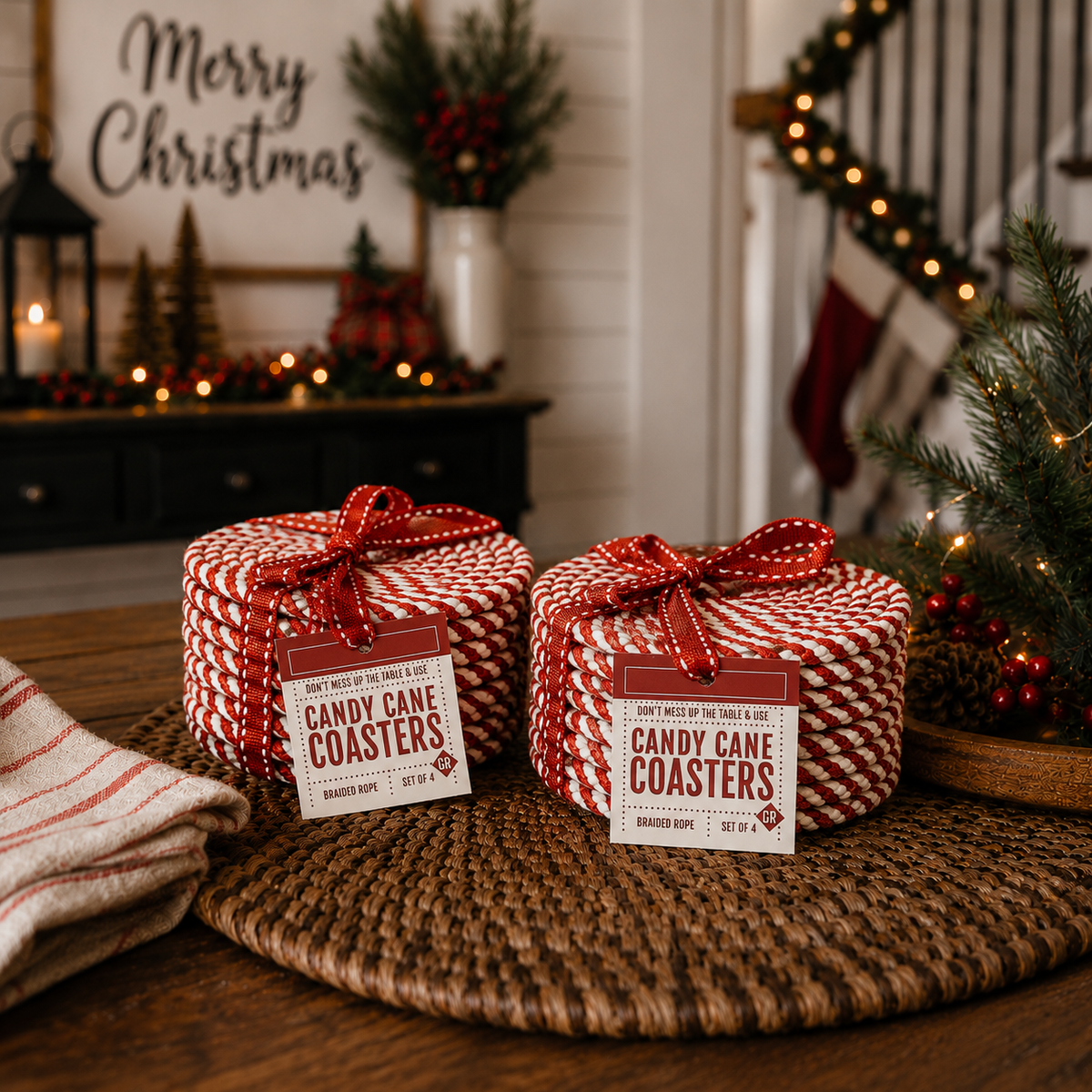 Candy Cane Braided Coasters — Set of 4