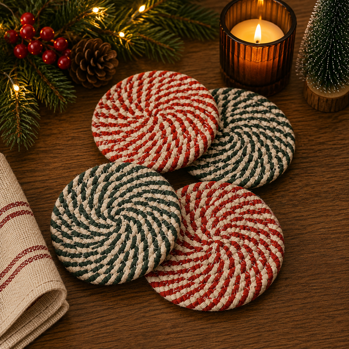 Candy Cane Braided Coasters — Set of 4