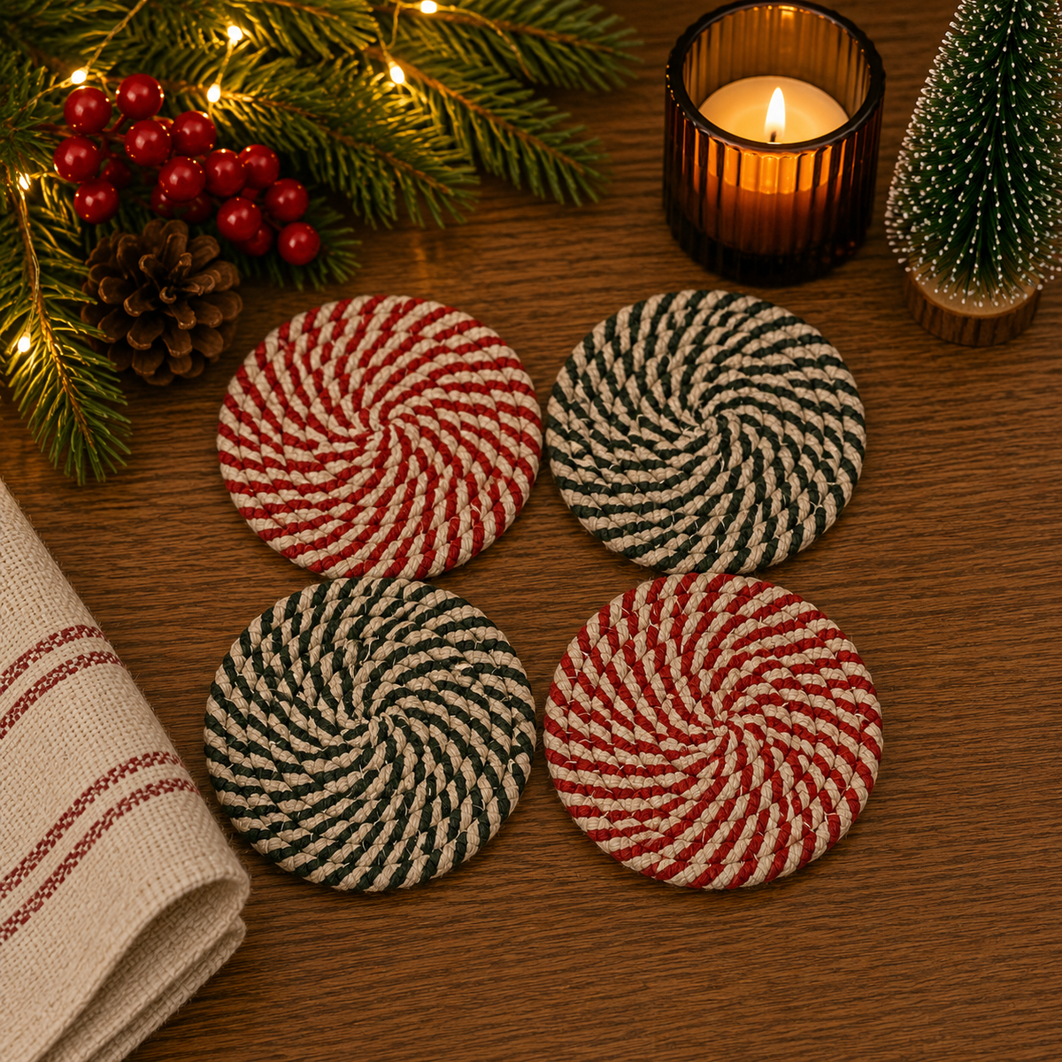 Candy Cane Braided Coasters — Set of 4
