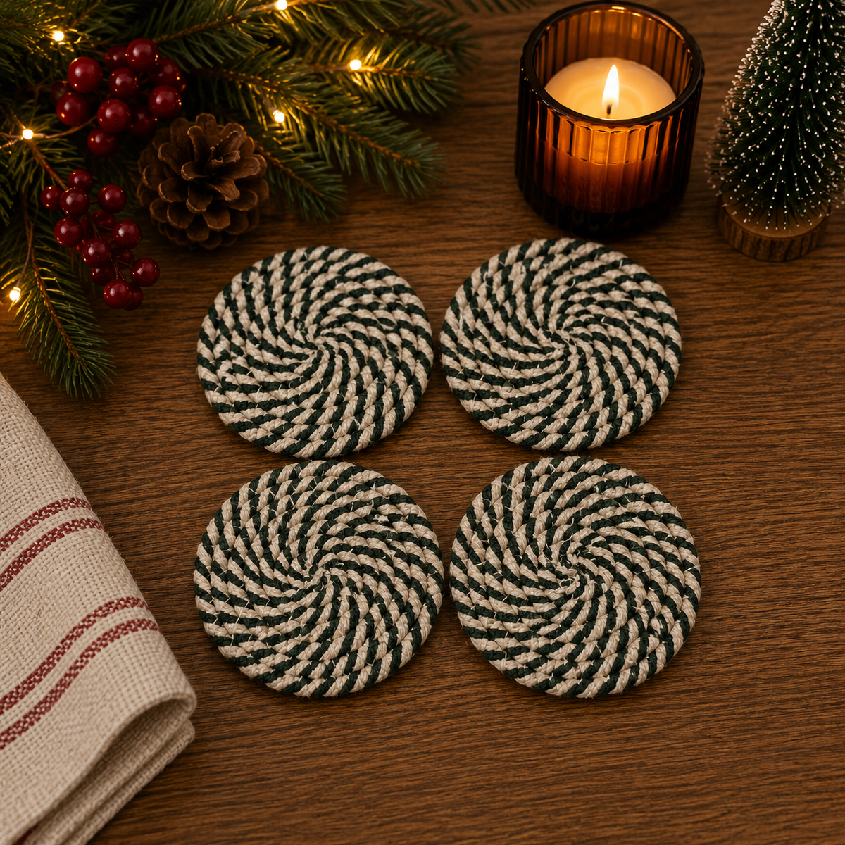 Candy Cane Braided Coasters — Set of 4