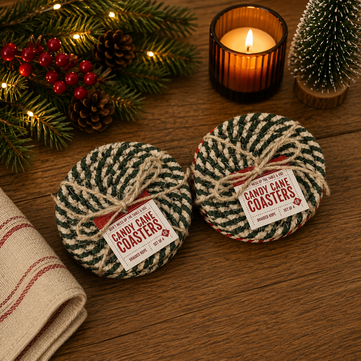 Candy Cane Braided Coasters — Set of 4