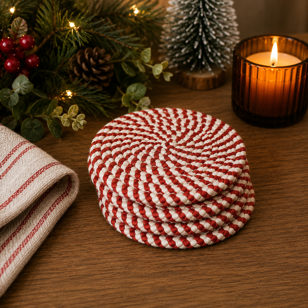 Candy Cane Braided Coasters — Set of 4