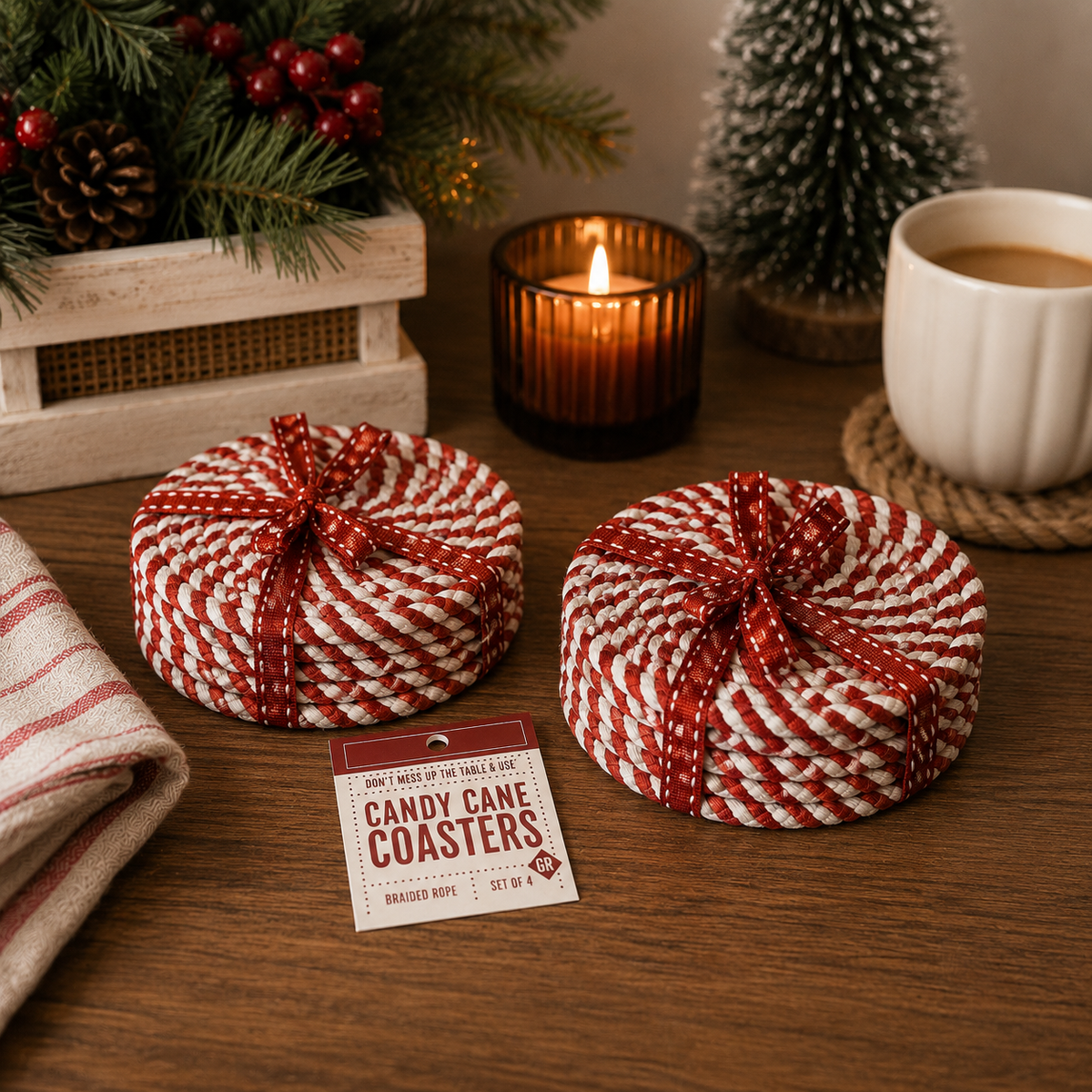 Candy Cane Braided Coasters — Set of 4