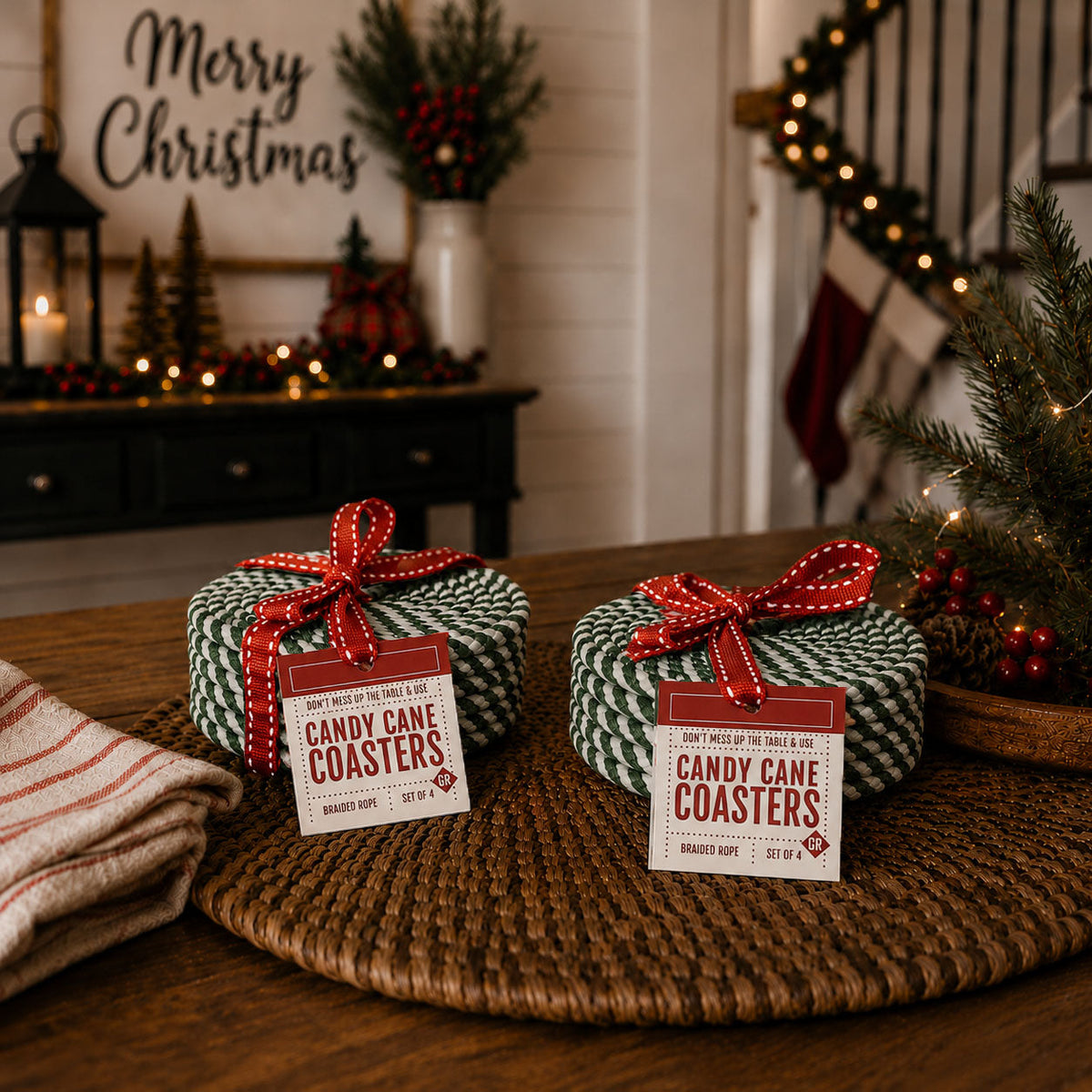 Candy Cane Braided Coasters — Set of 4