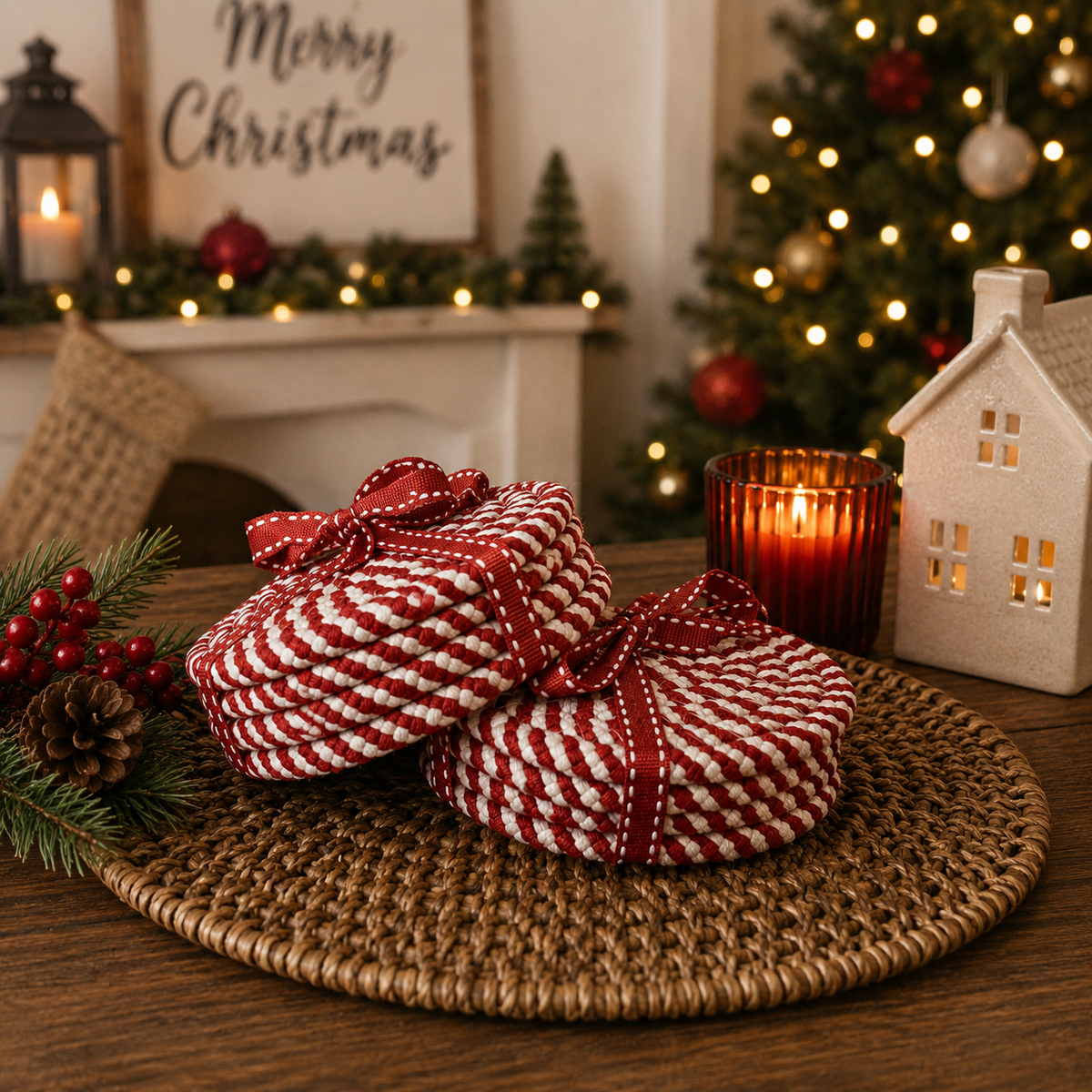 Candy Cane Braided Coasters — Set of 4
