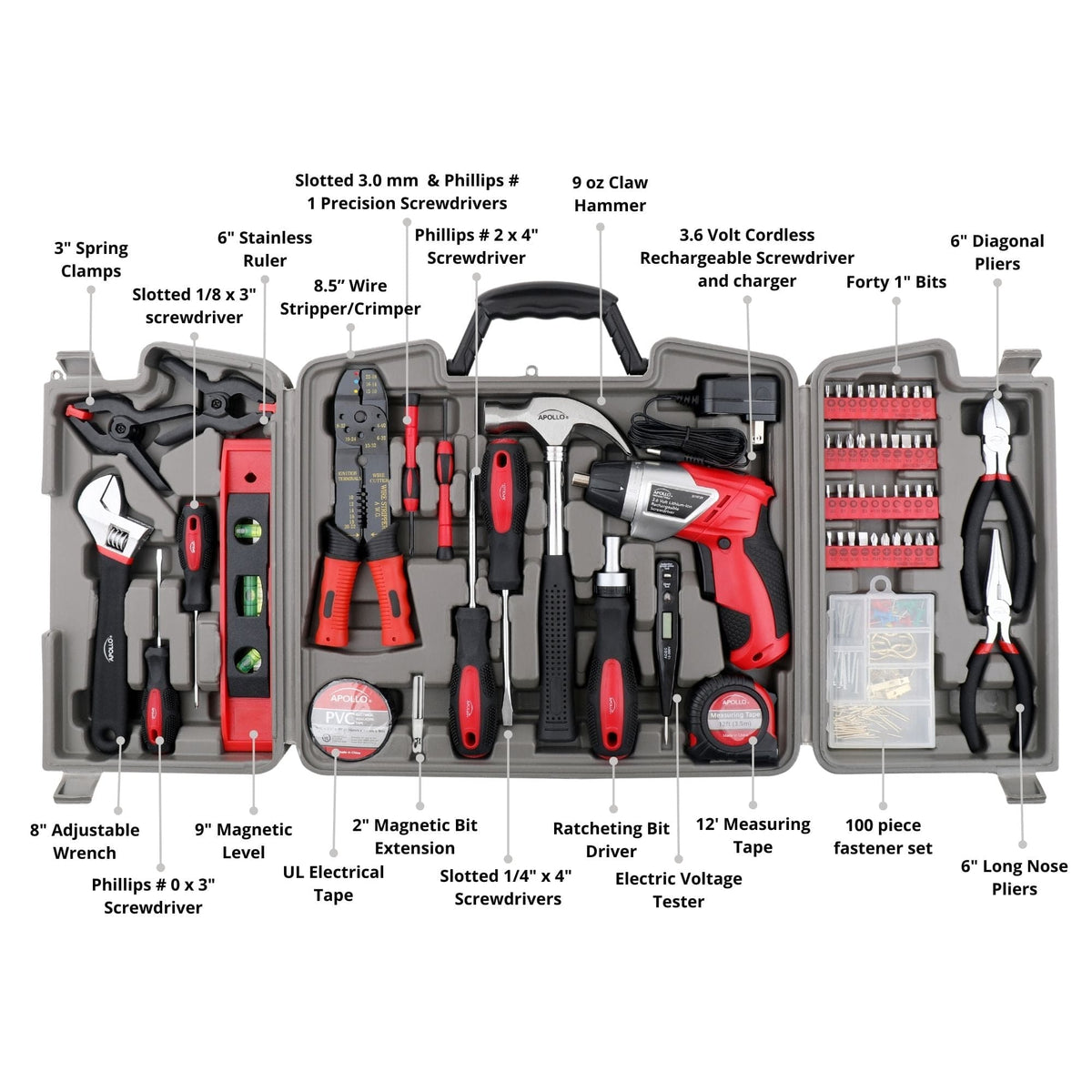 Apollo 161-Piece Home Tool Kit with Cordless Screwdriver