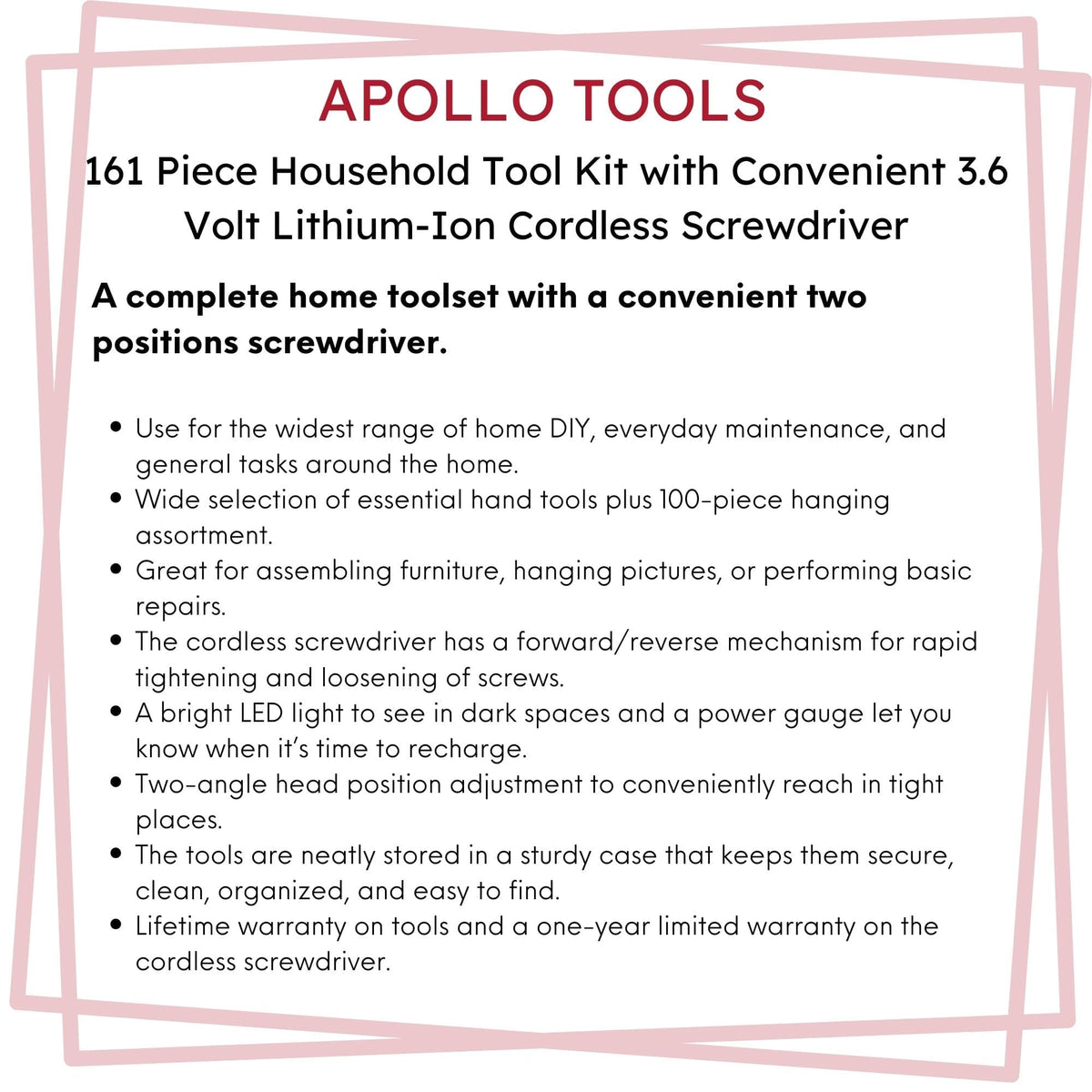Apollo 161-Piece Home Tool Kit with Cordless Screwdriver