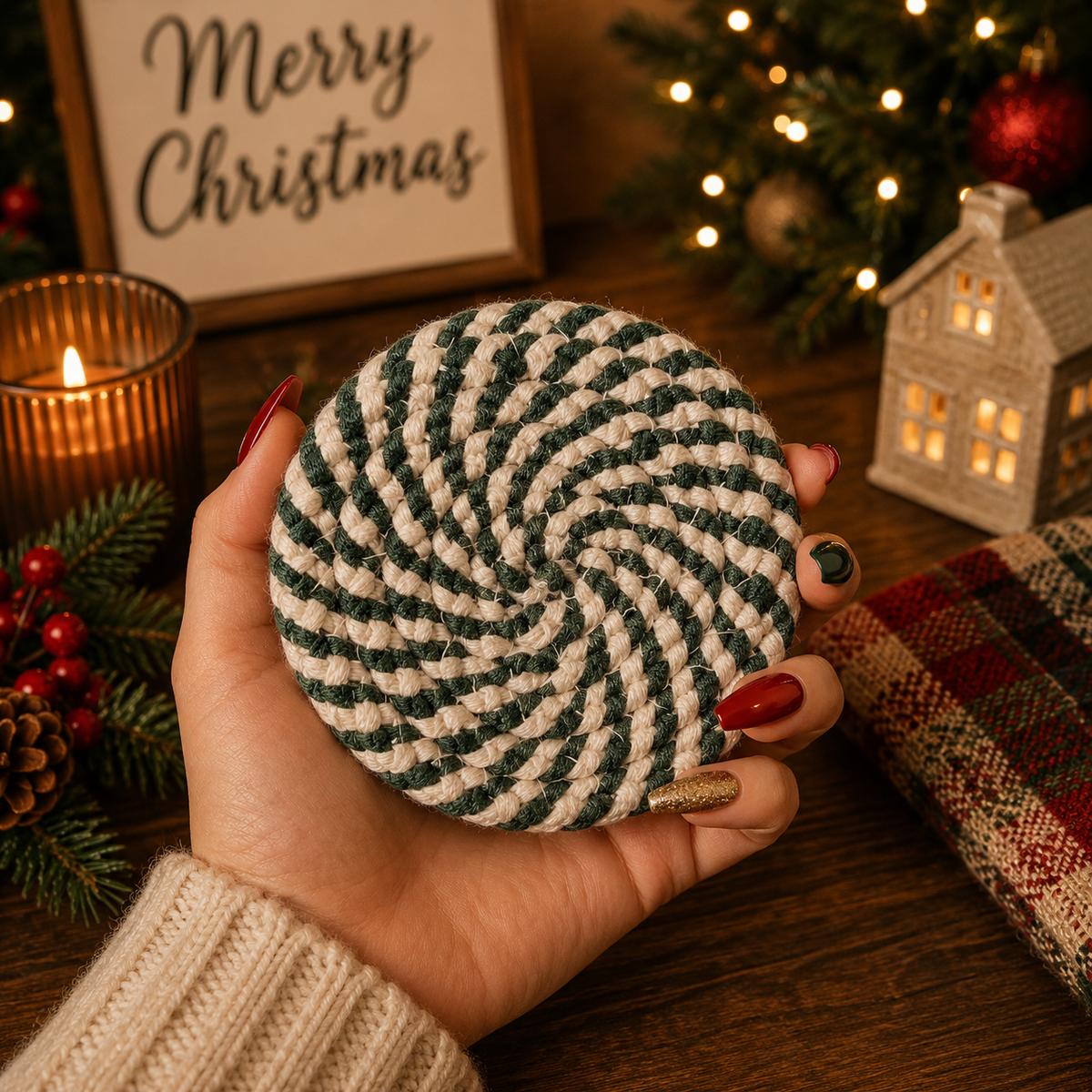 Candy Cane Braided Coasters — Set of 4