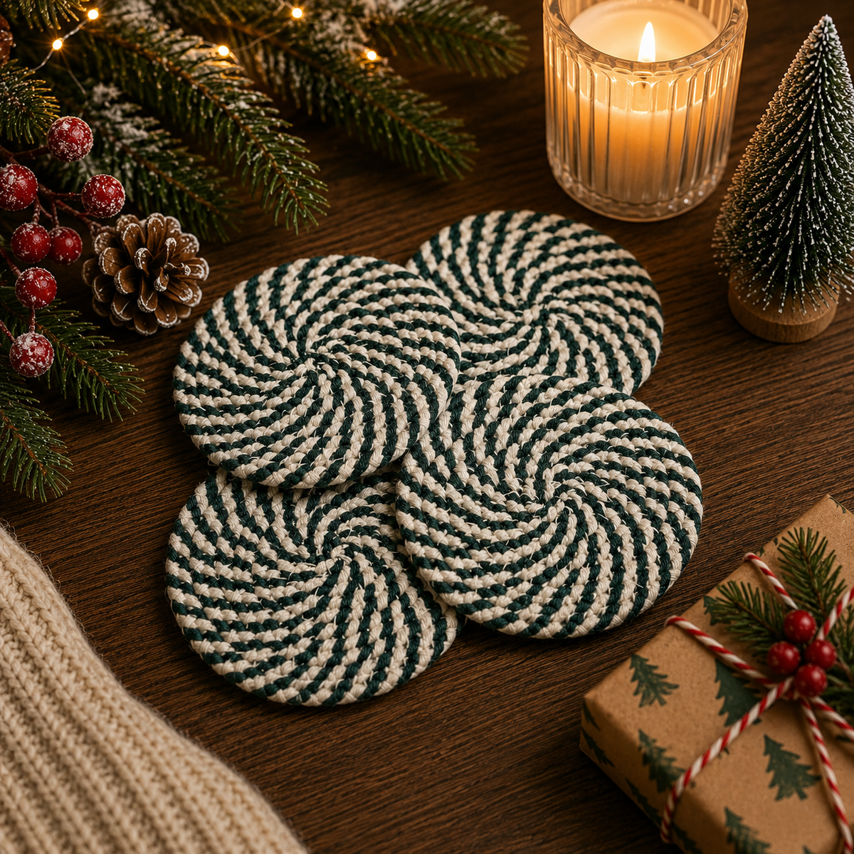Candy Cane Braided Coasters — Set of 4