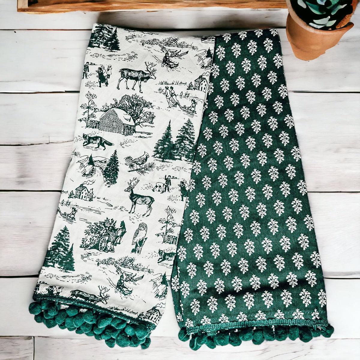 Forest Green Christmas Cotton Dish Towels — Set of 2