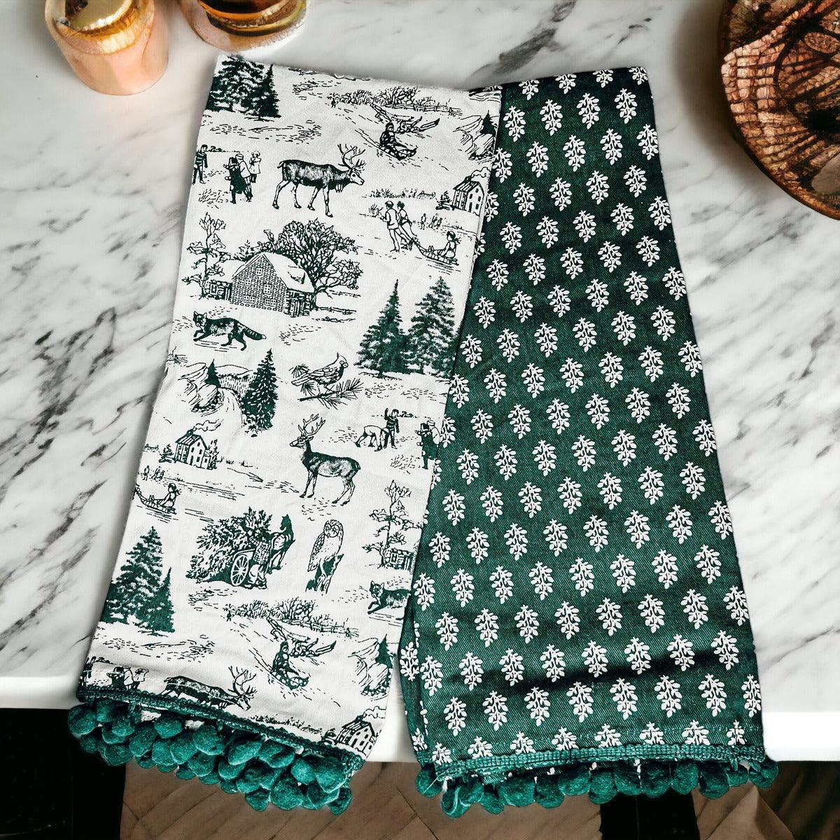 Forest Green Christmas Cotton Dish Towels — Set of 2