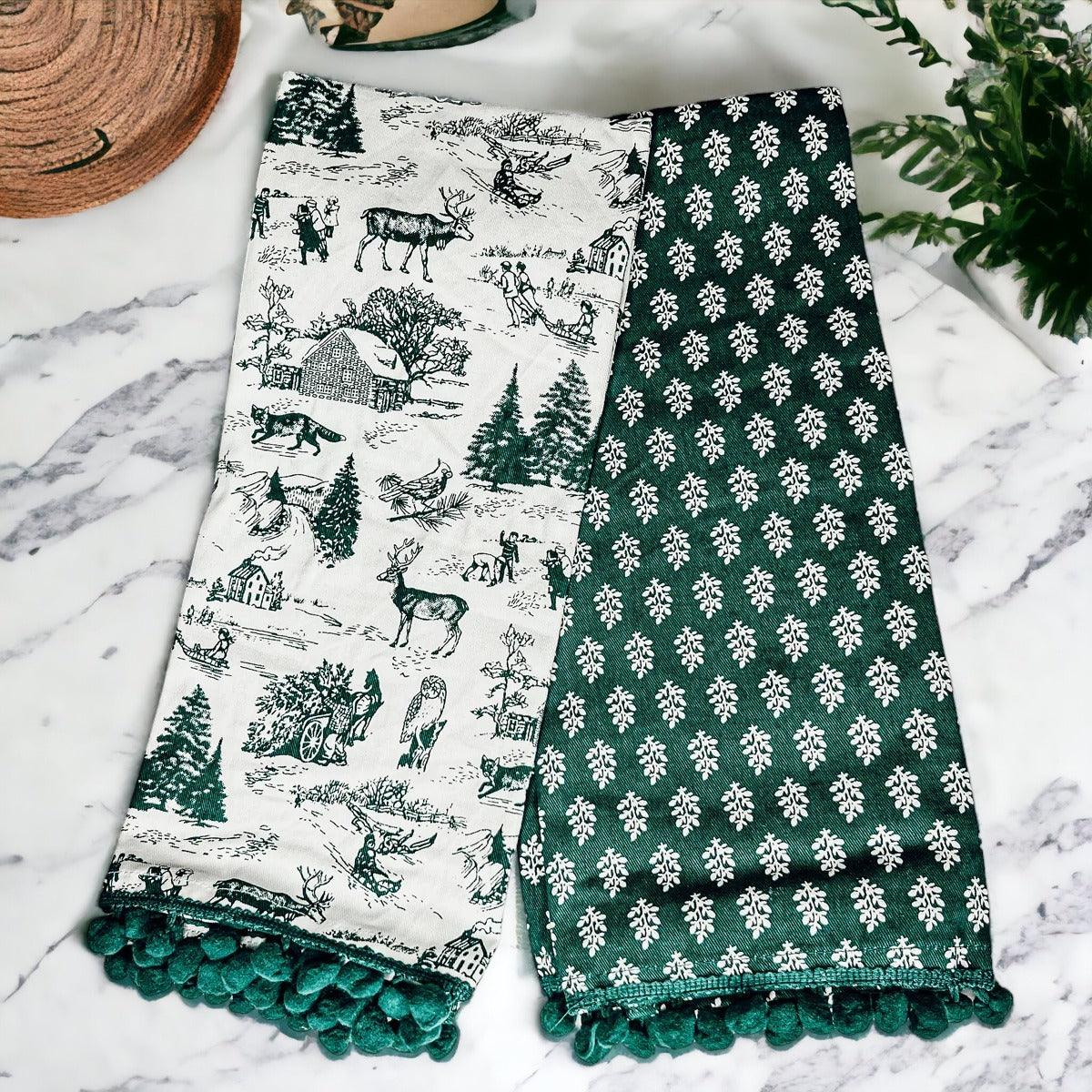 Forest Green Christmas Cotton Dish Towels — Set of 2