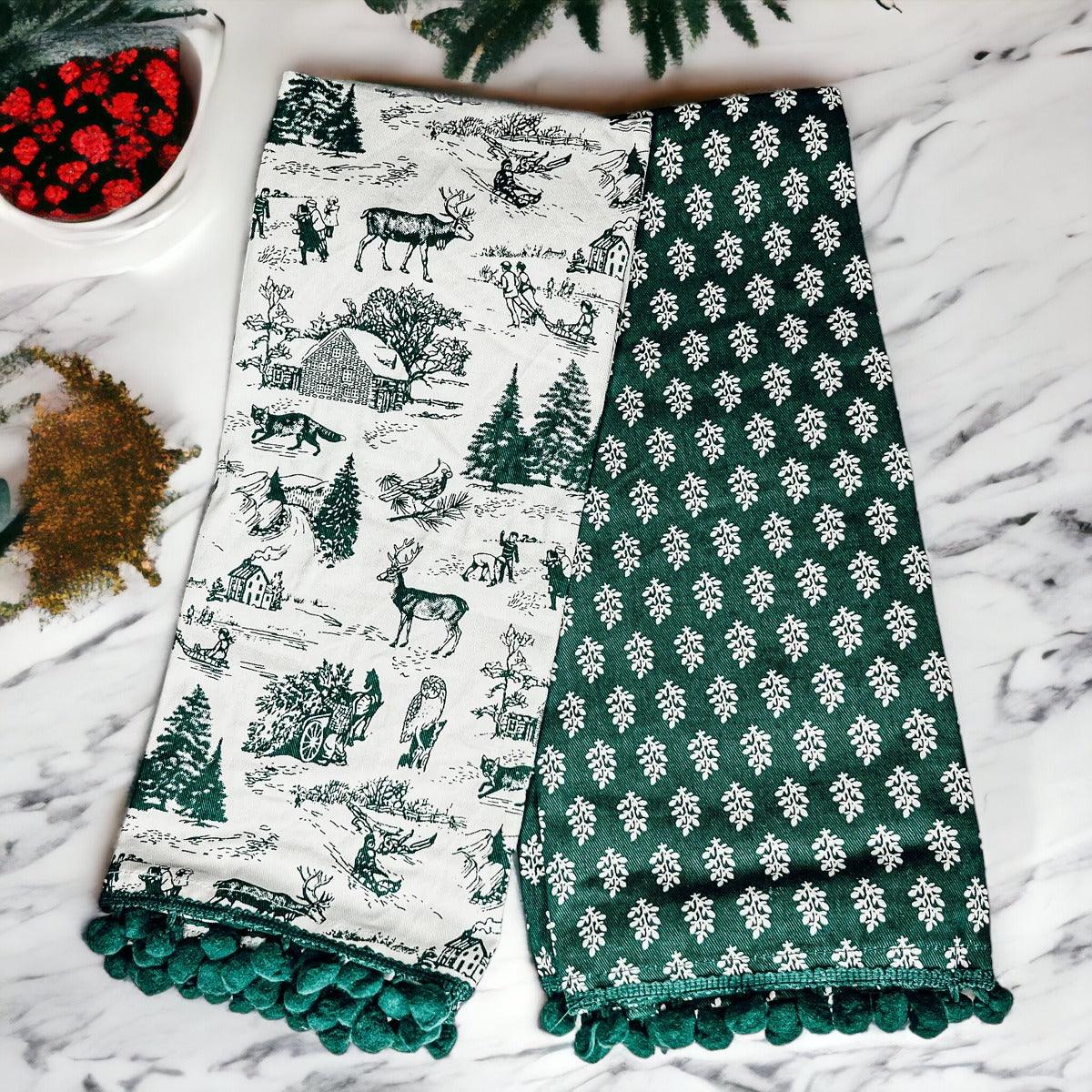 Forest Green Christmas Cotton Dish Towels — Set of 2