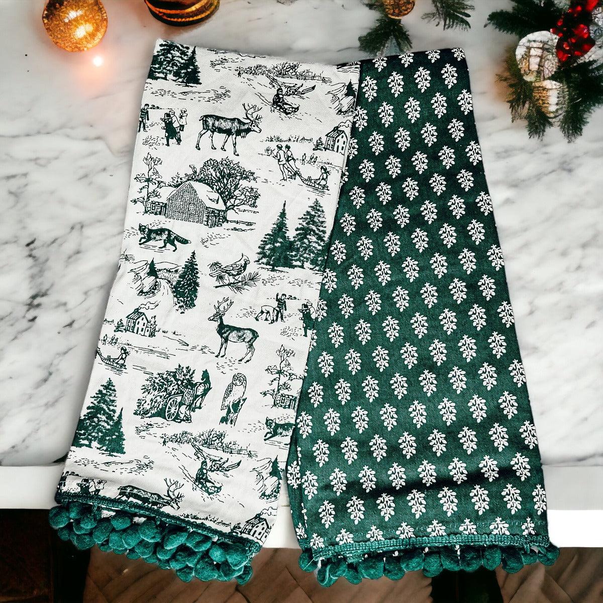 Forest Green Christmas Cotton Dish Towels — Set of 2