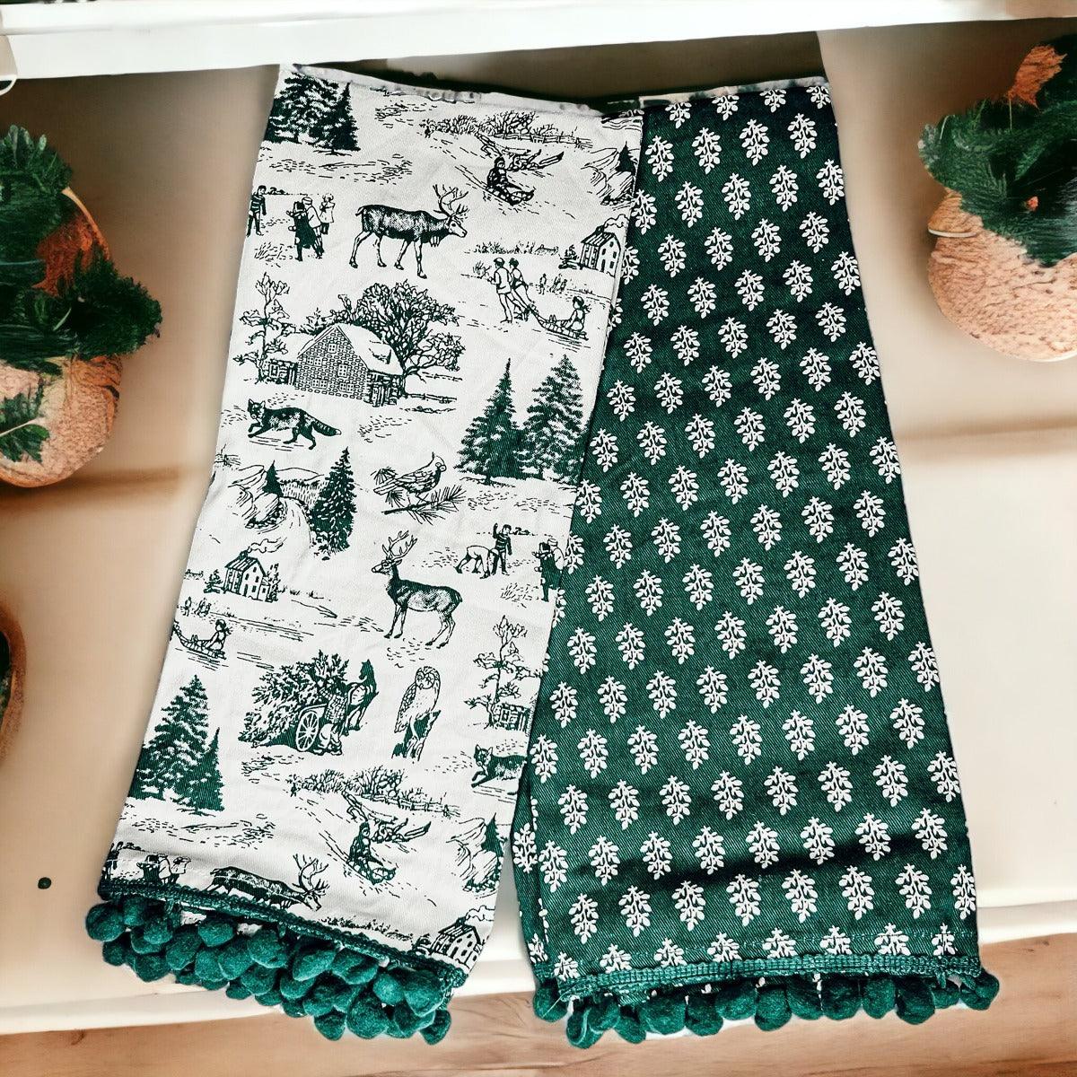 Forest Green Christmas Cotton Dish Towels — Set of 2