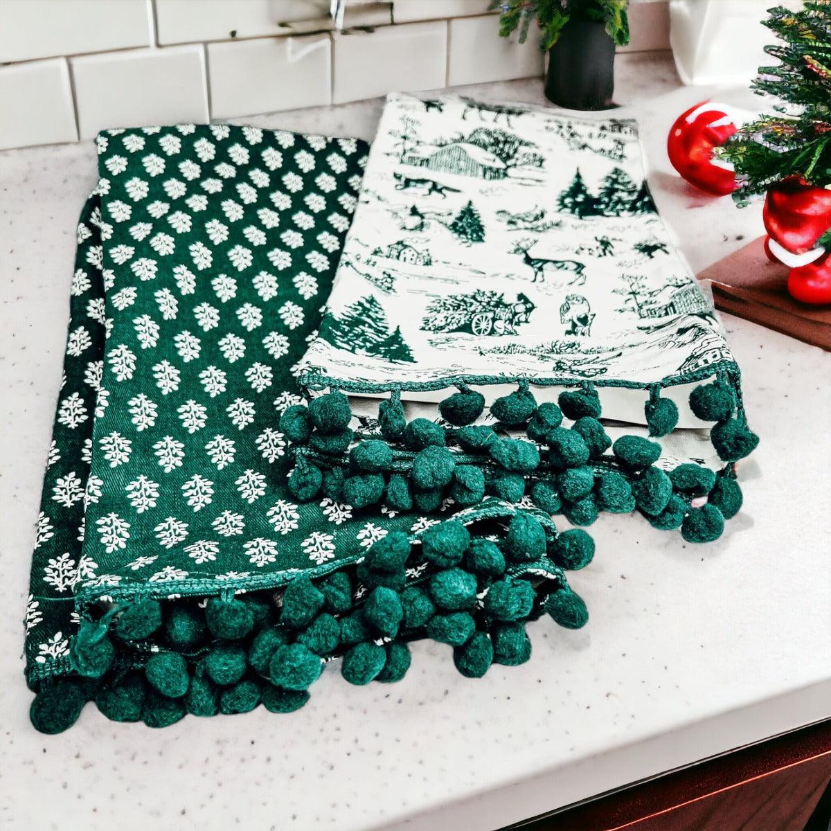 Forest Green Christmas Cotton Dish Towels — Set of 2