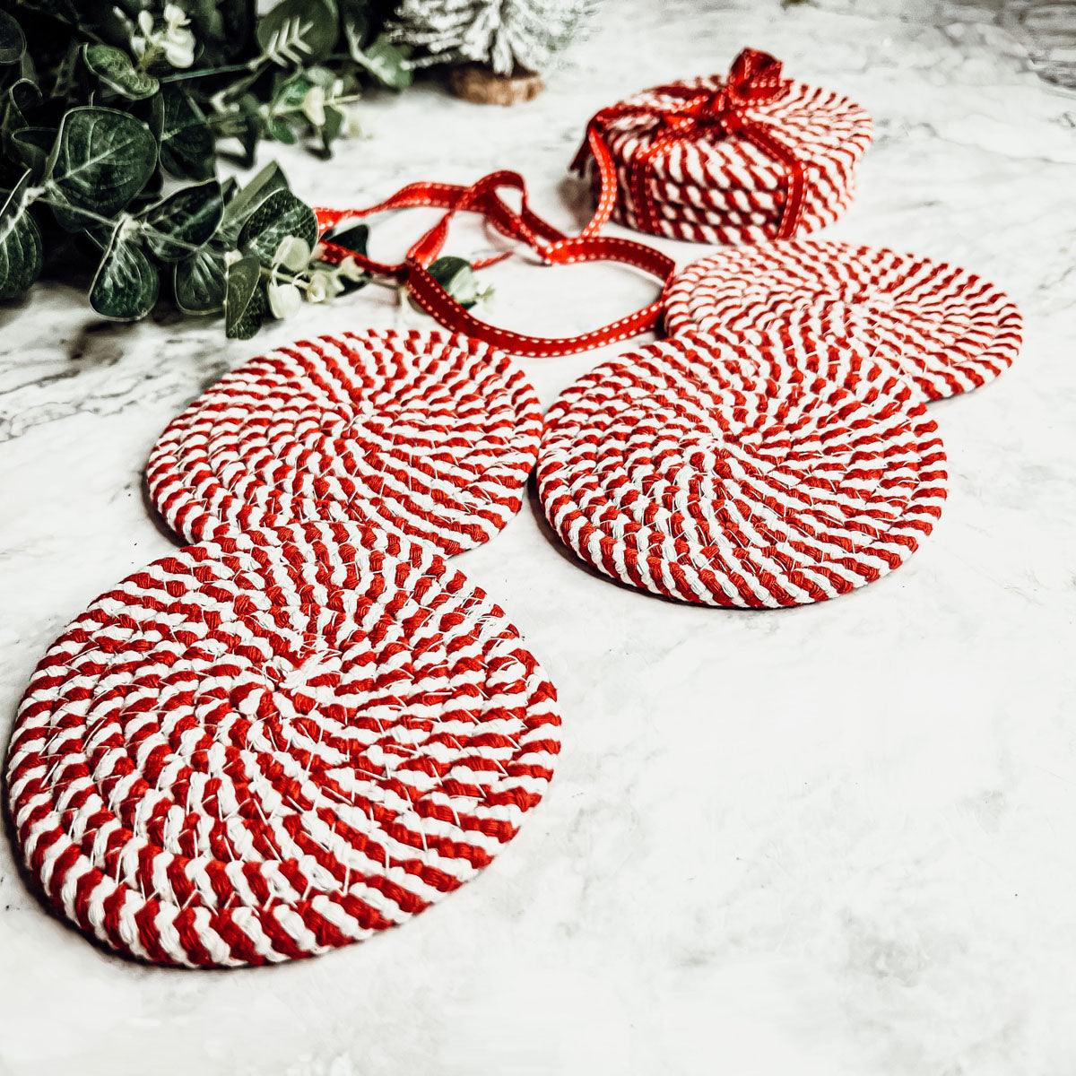 Candy Cane Braided Coasters — Set of 4