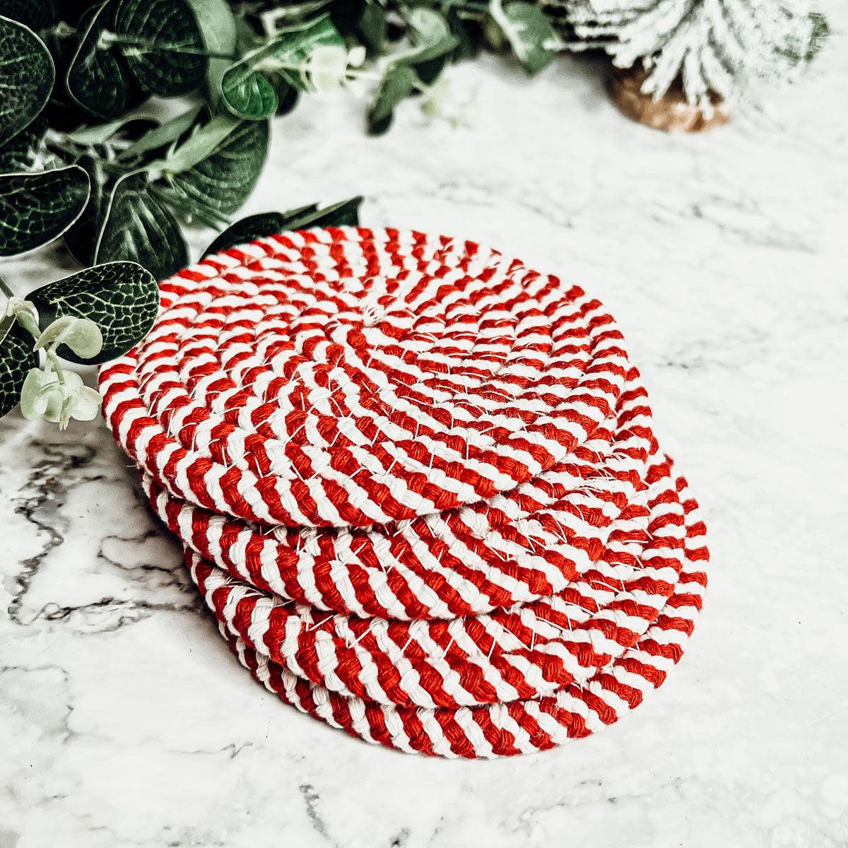 Candy Cane Braided Coasters — Set of 4