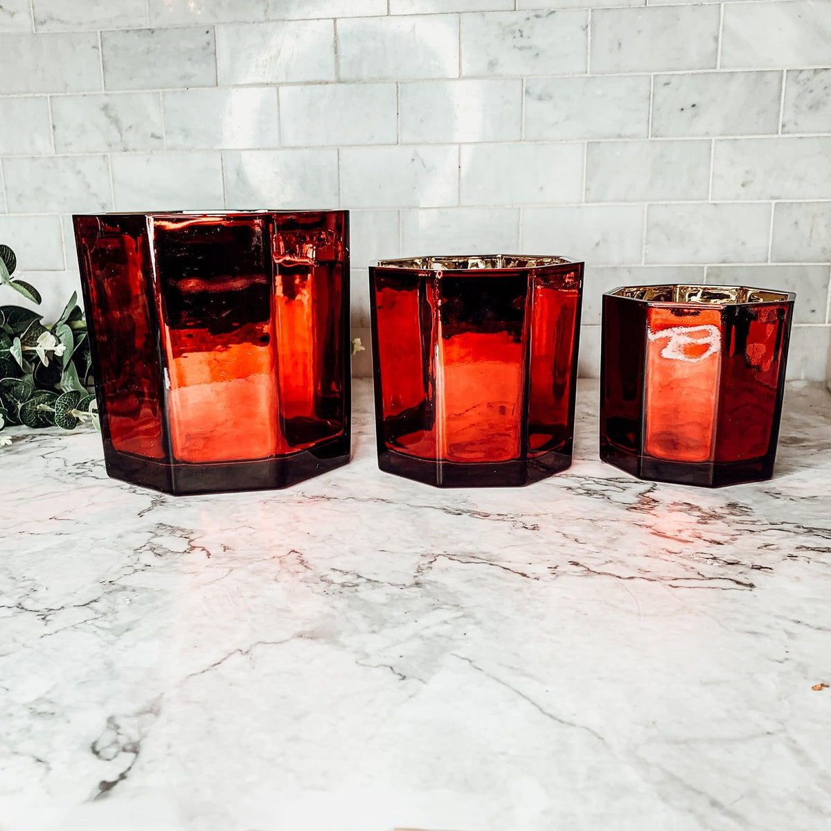Red & Gold Glass Candle Holder Vase