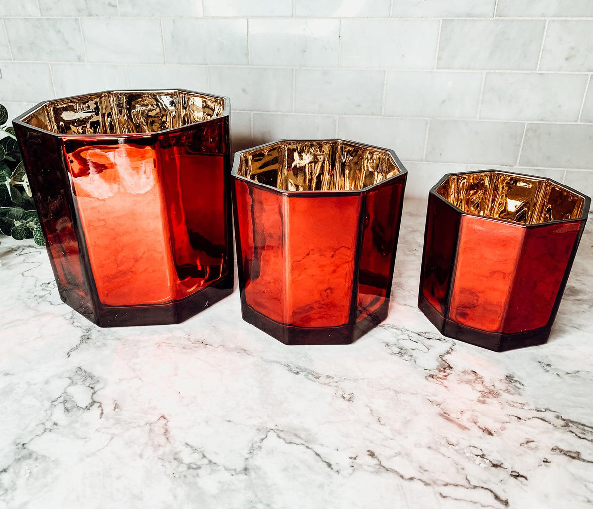 Red & Gold Glass Candle Holder Vase