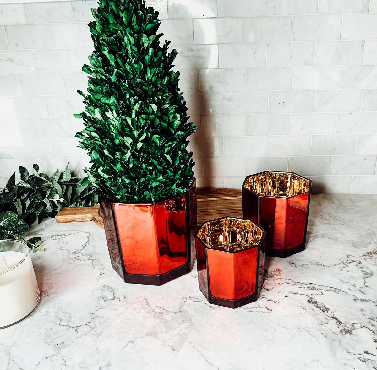 Red & Gold Glass Candle Holder Vase