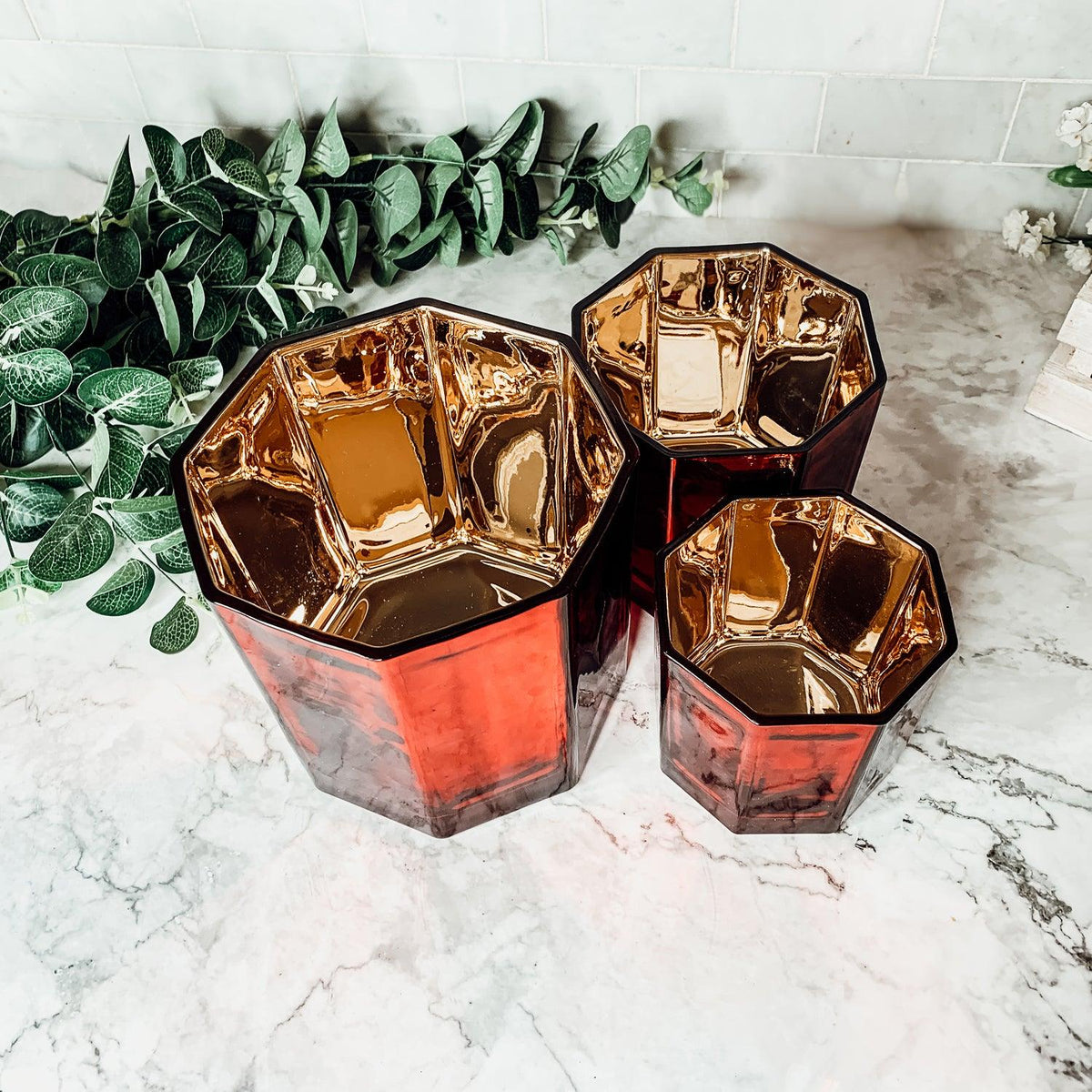 Red & Gold Glass Candle Holder Vase