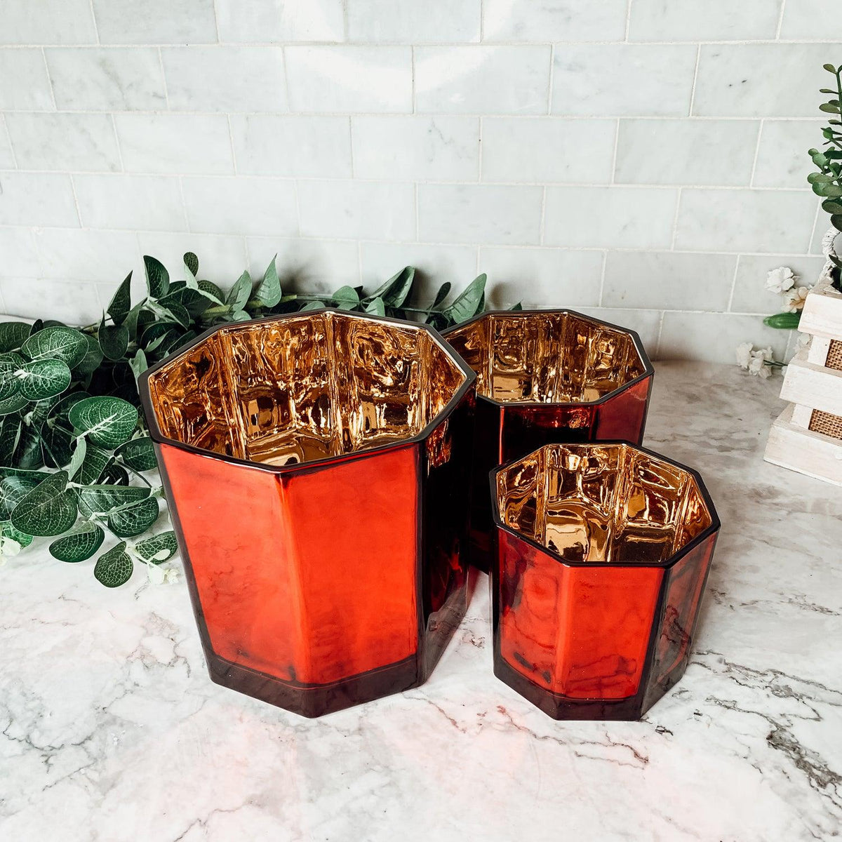 Red & Gold Glass Candle Holder Vase