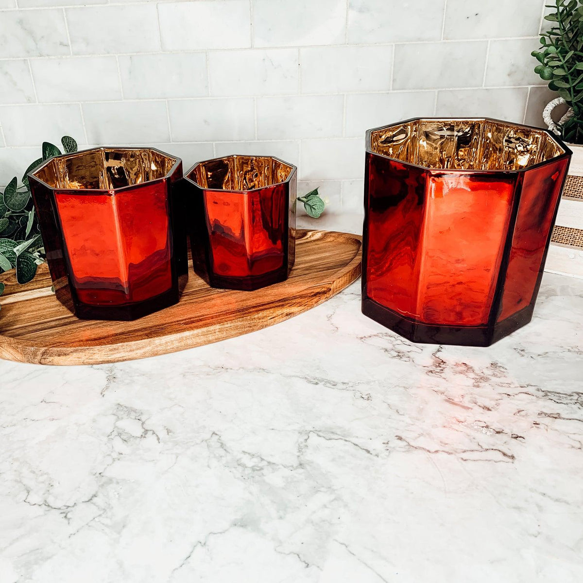Red & Gold Glass Candle Holder Vase